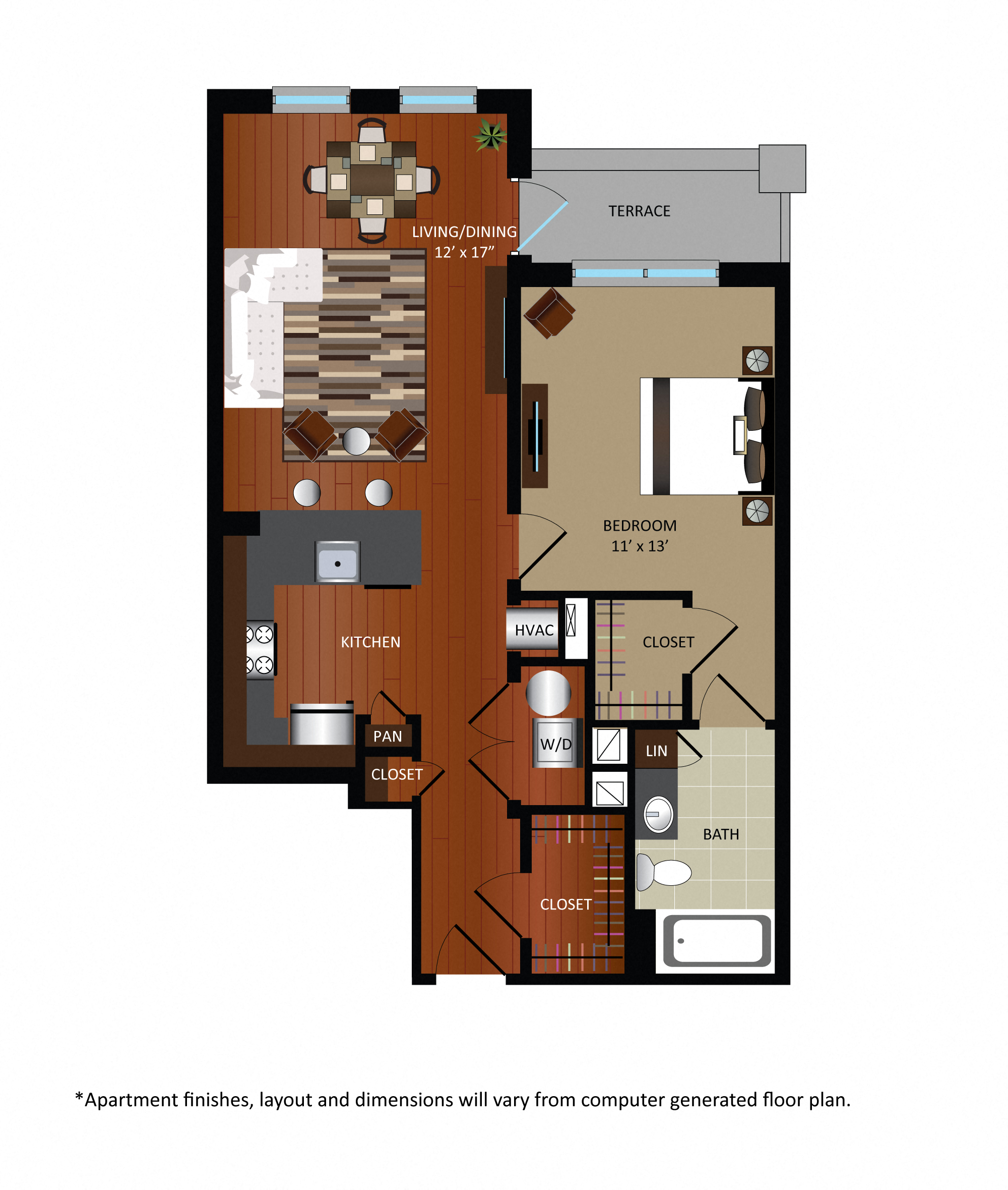 Floor plan for 1 bed, 1 bath, 744 sqft