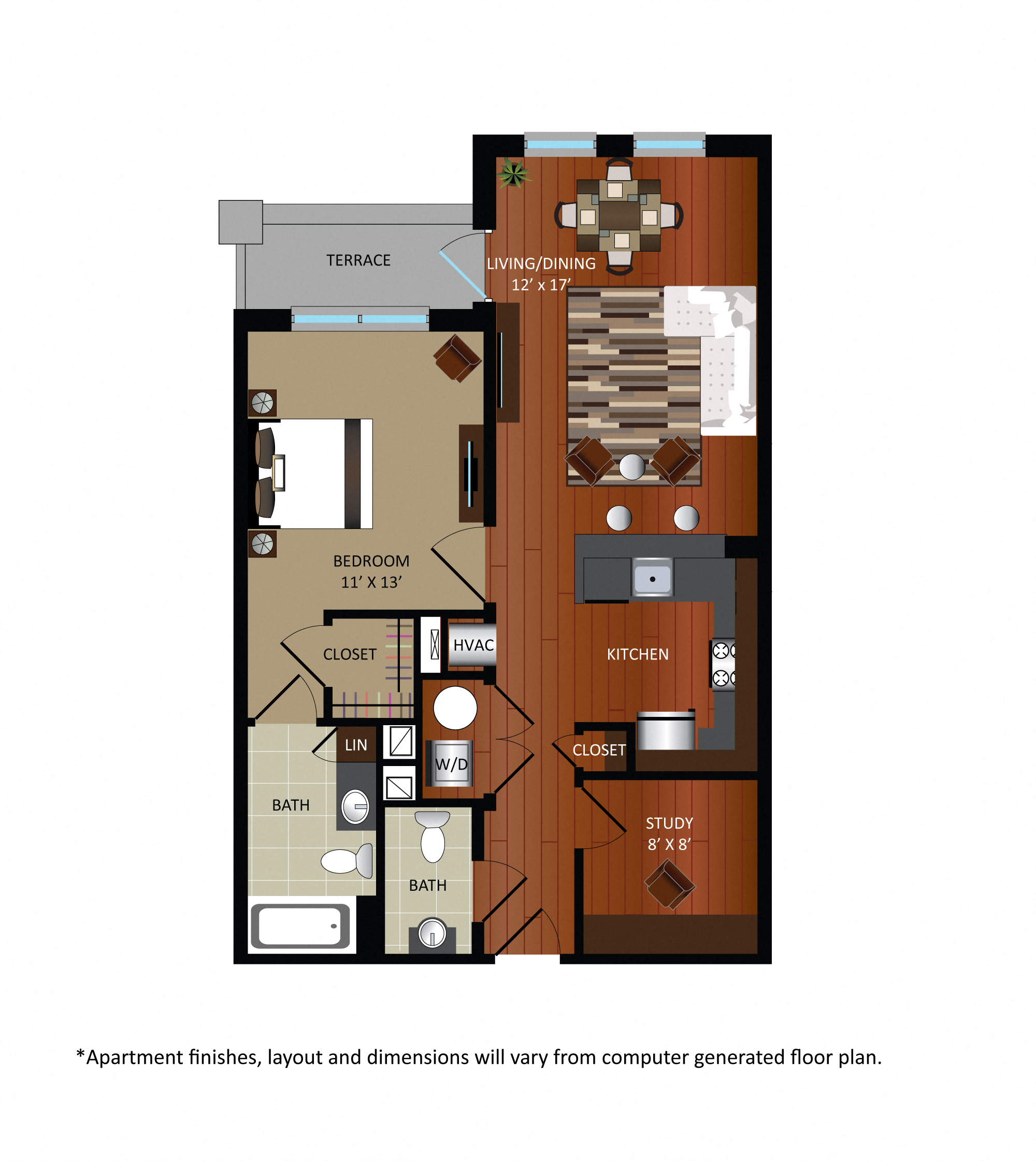 Floor plan for 1 bed, 1.5 baths, 813 sqft