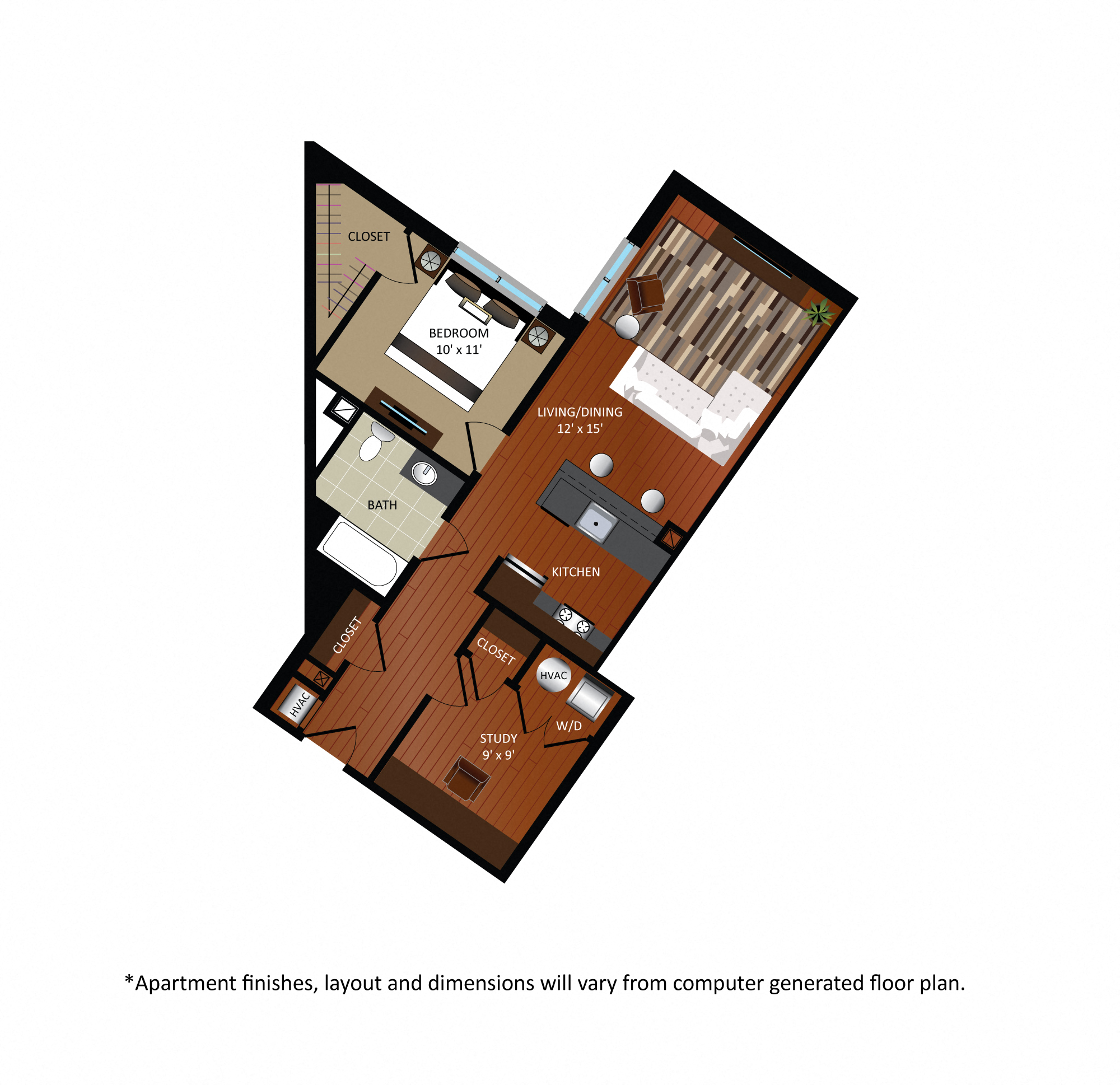Floor plan for 1 bed, 1 bath, 800 sqft