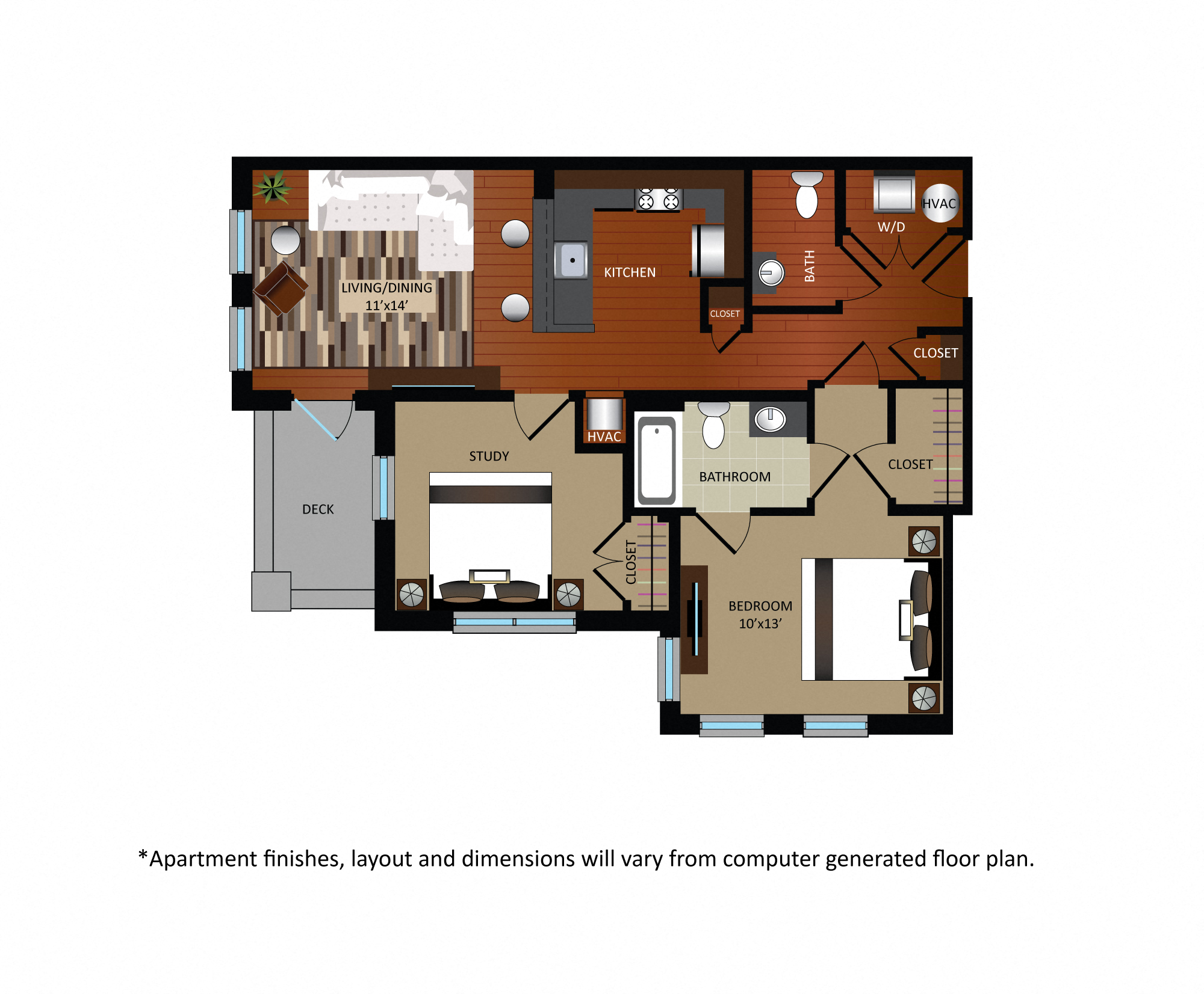 Floor plan for 1 bed, 1.5 baths, 865 sqft