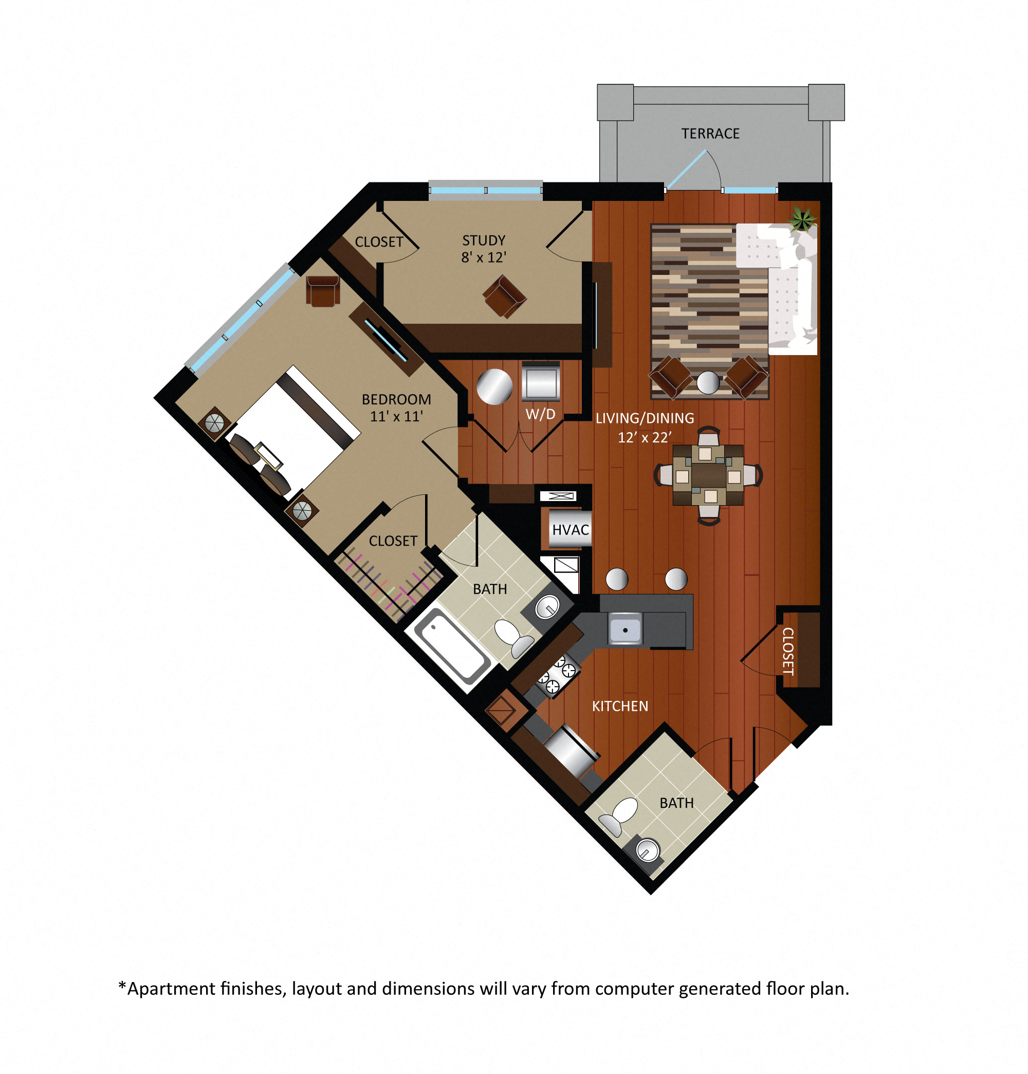 Floor plan for 1 bed, 1.5 baths, 932 sqft