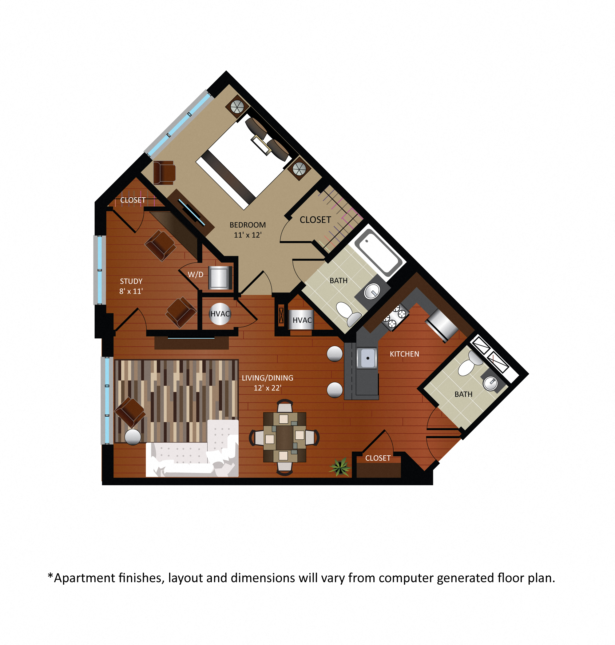 Floor plan for 1 bed, 1.5 baths, 925 sqft