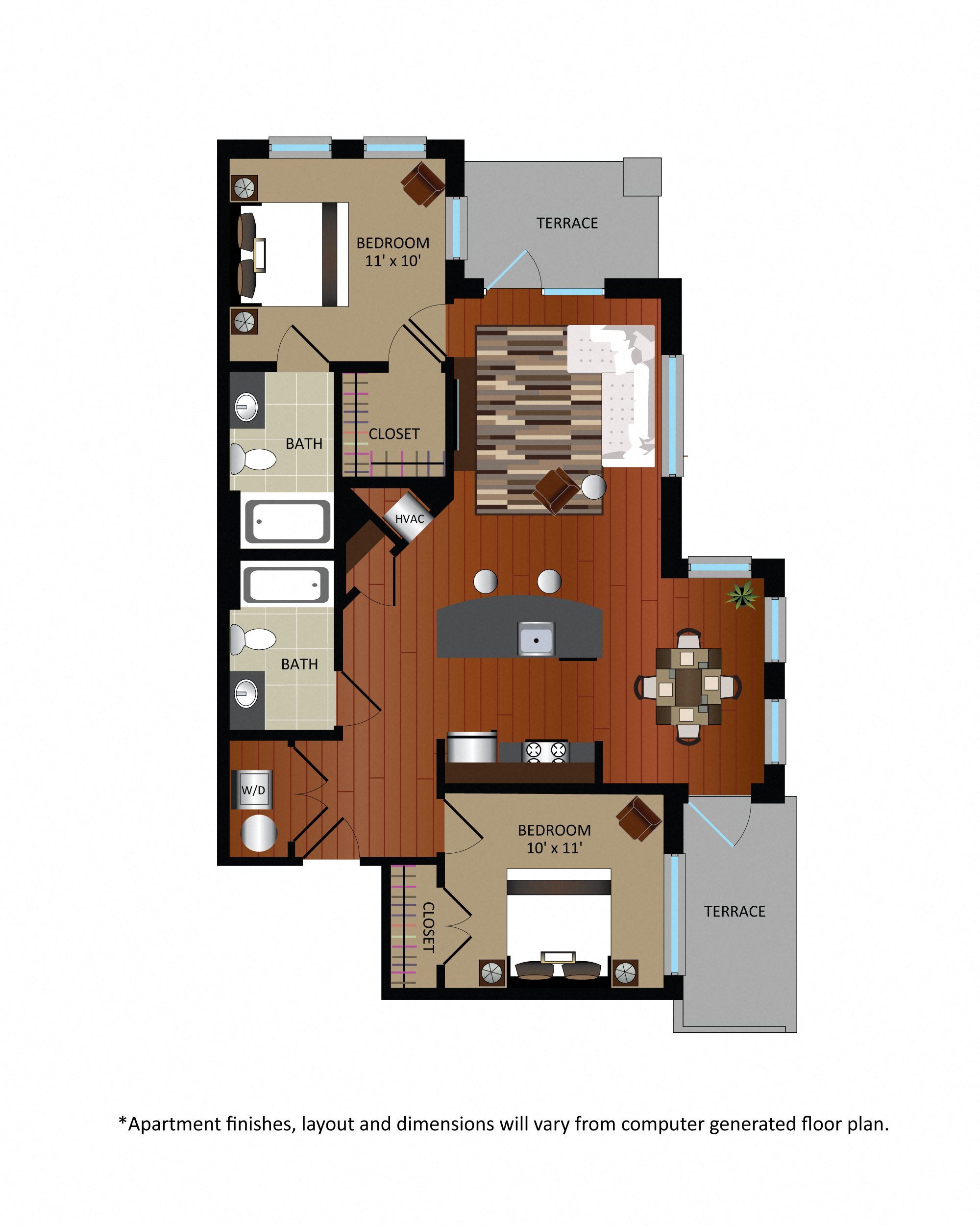 Floor plan for 2 beds, 2 baths, 960 sqft
