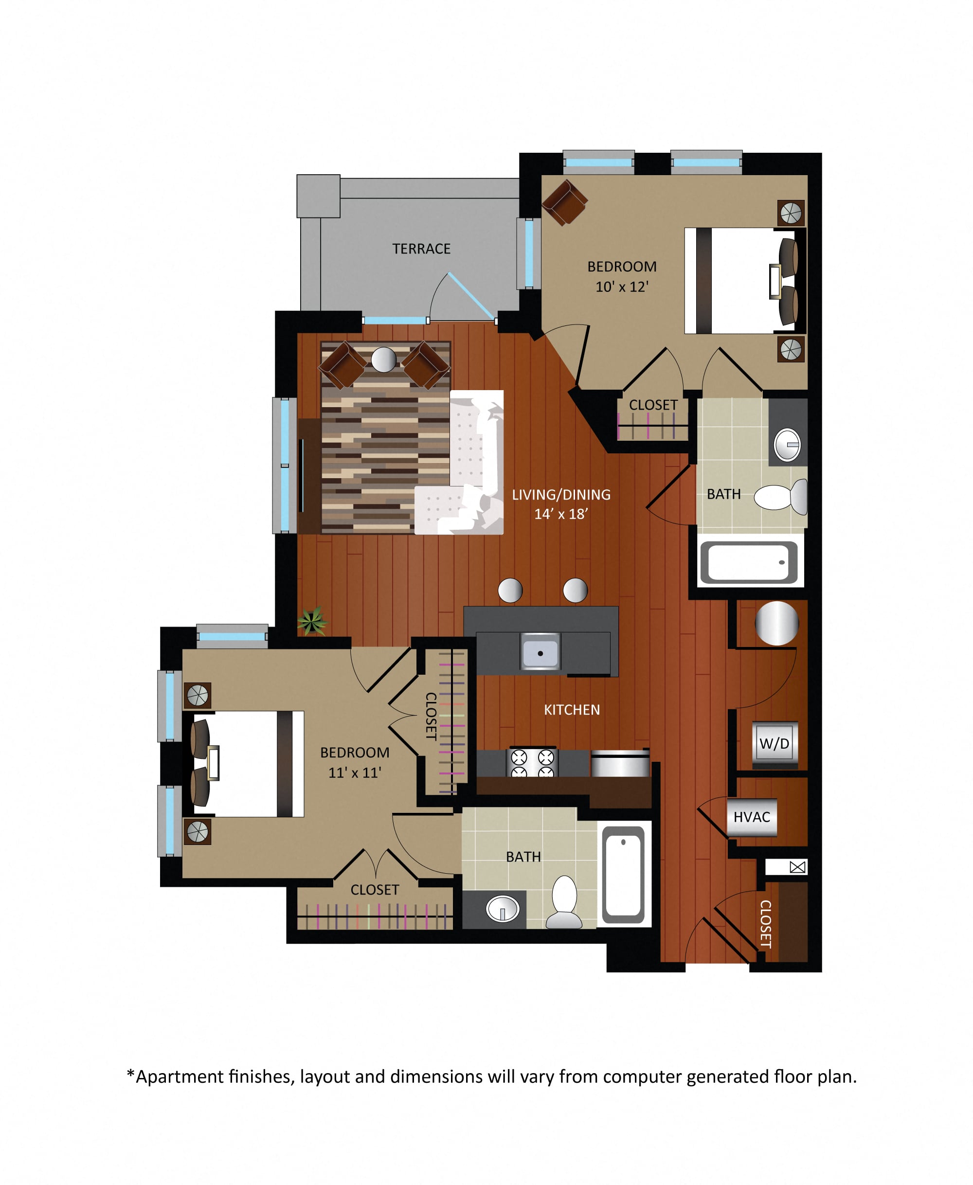 Floor plan for 2 beds, 2 baths, 872 sqft
