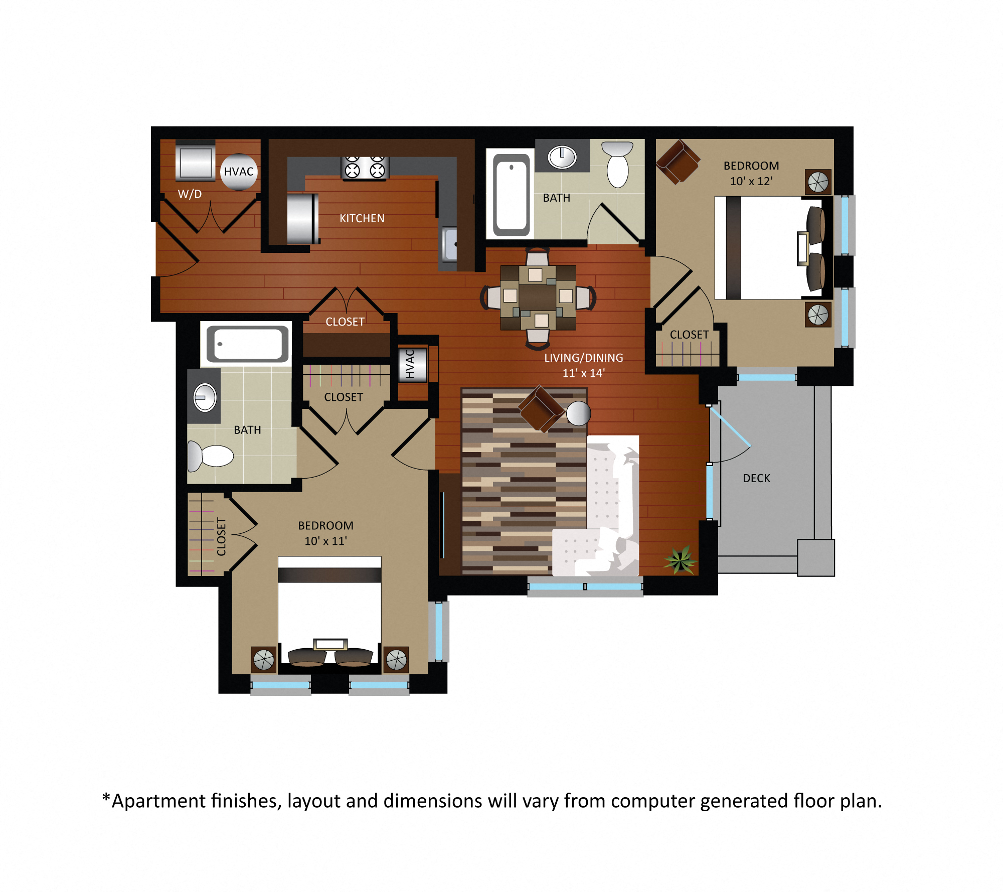 Floor plan for 2 beds, 2 baths, 873 sqft