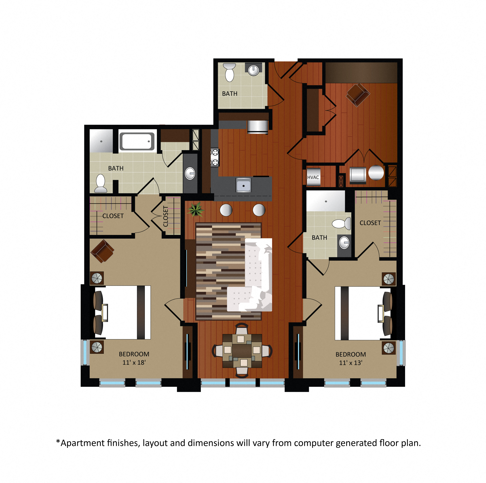 Floor plan for 2 beds, 2.5 baths, 1521 sqft