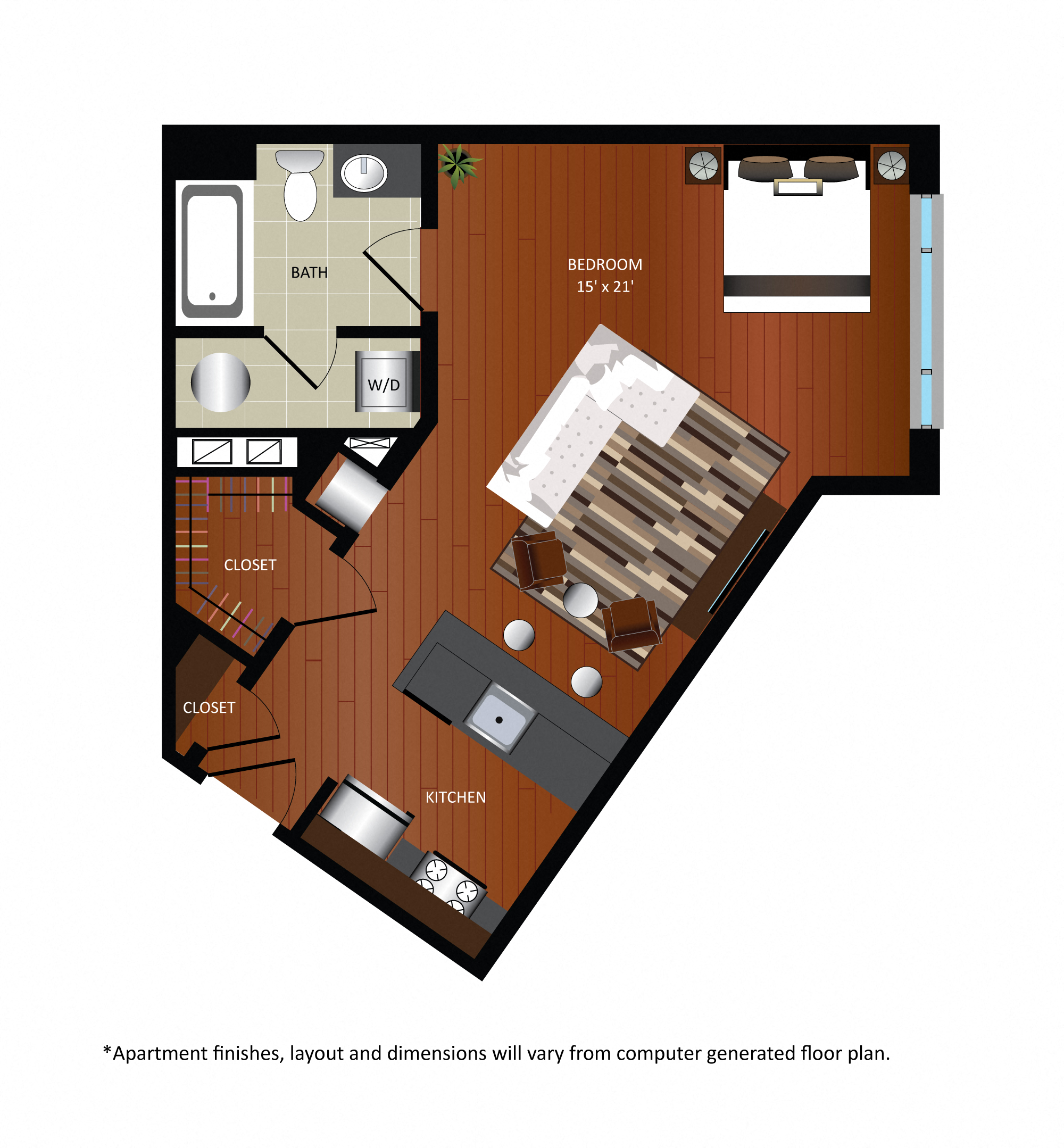 Floor plan for studio, 1 bath, 537 sqft