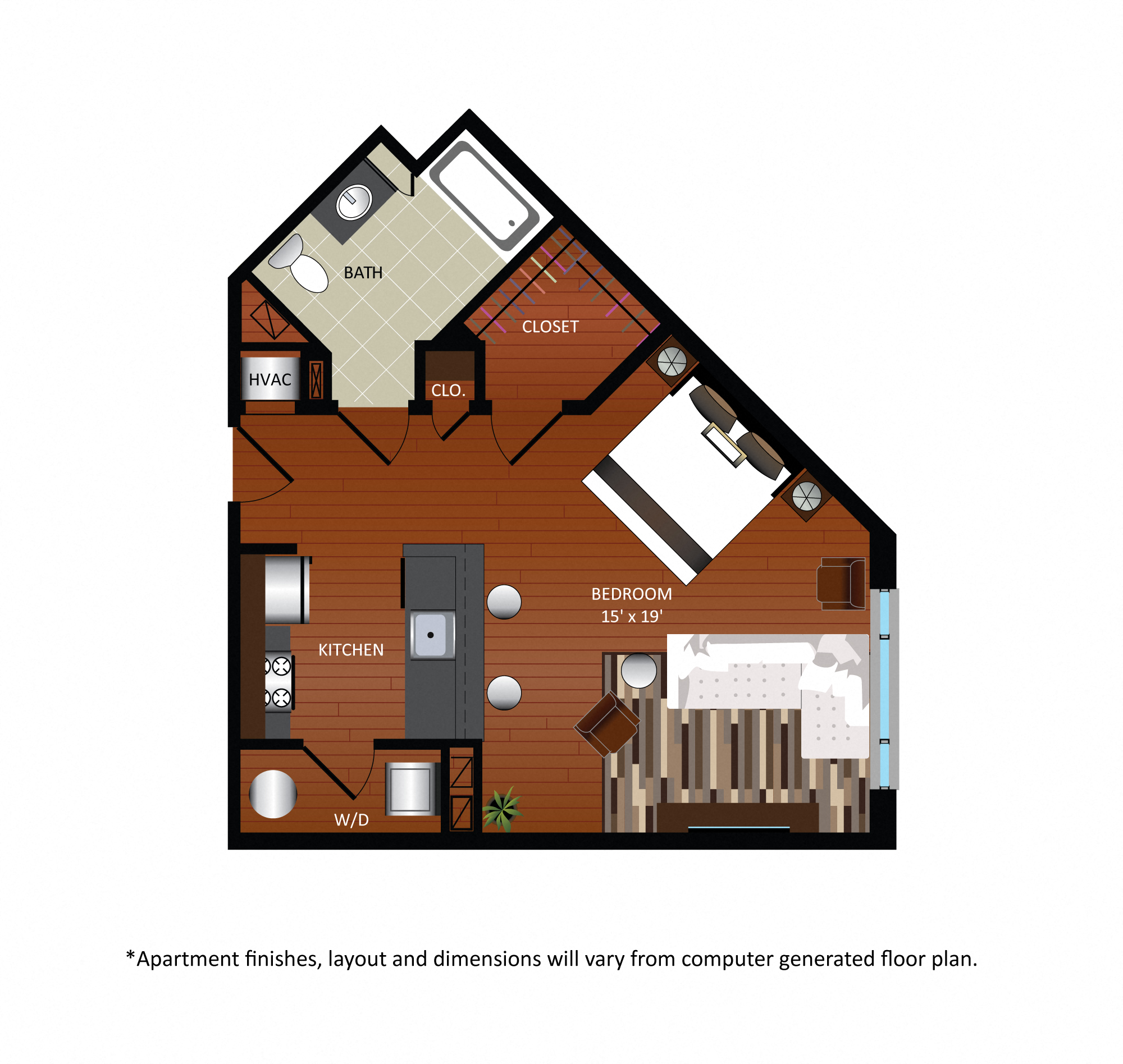 Floor plan for studio, 1 bath, 577 sqft