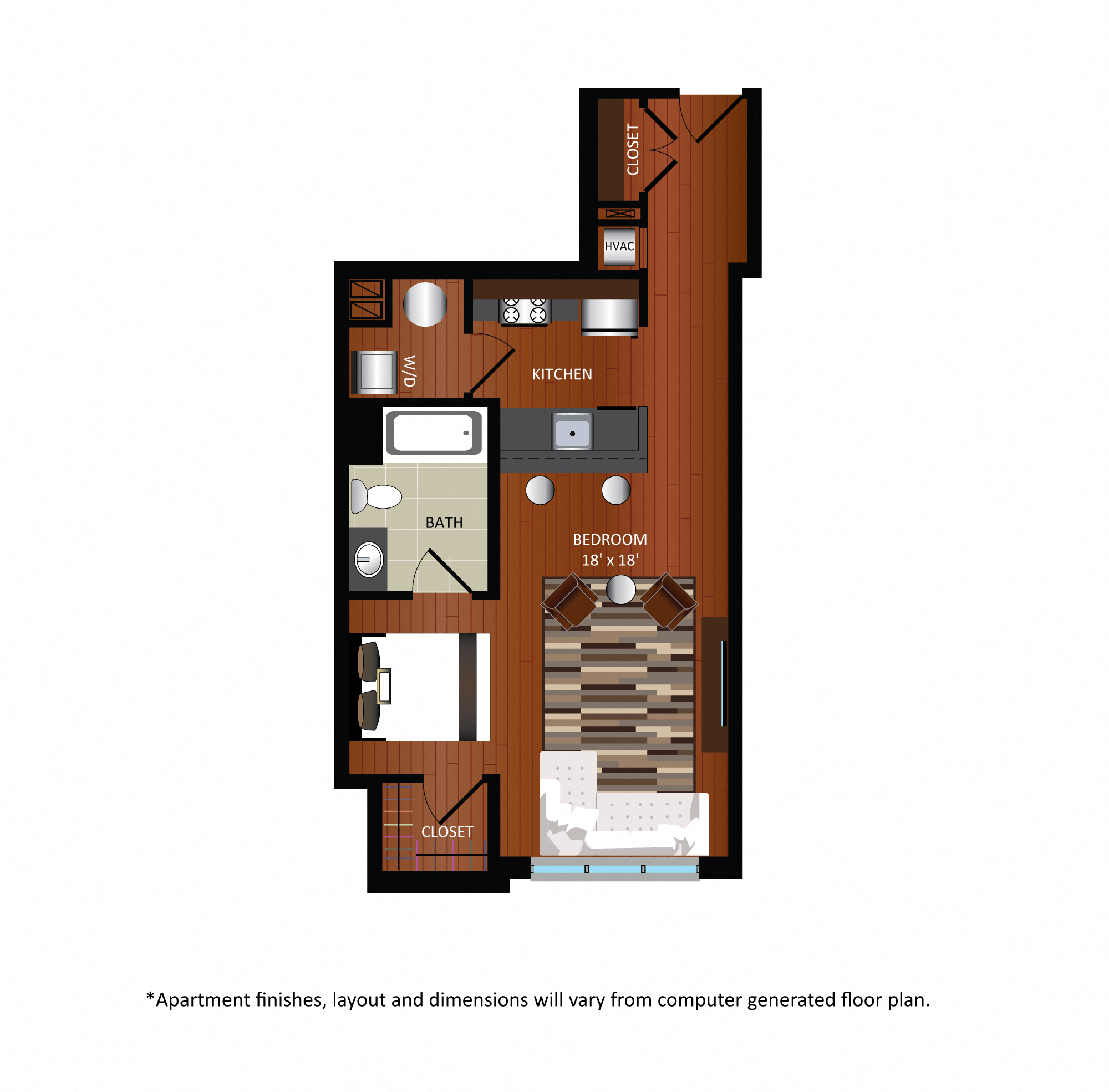 Floor plan for studio, 1 bath, 589 sqft