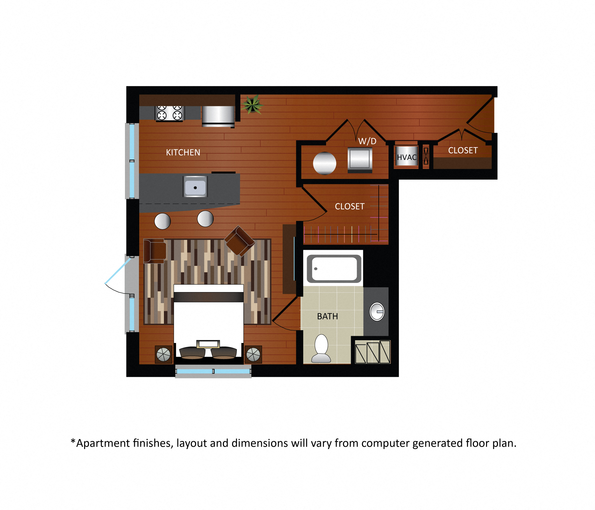 Floor plan for studio, 1 bath, 566 sqft