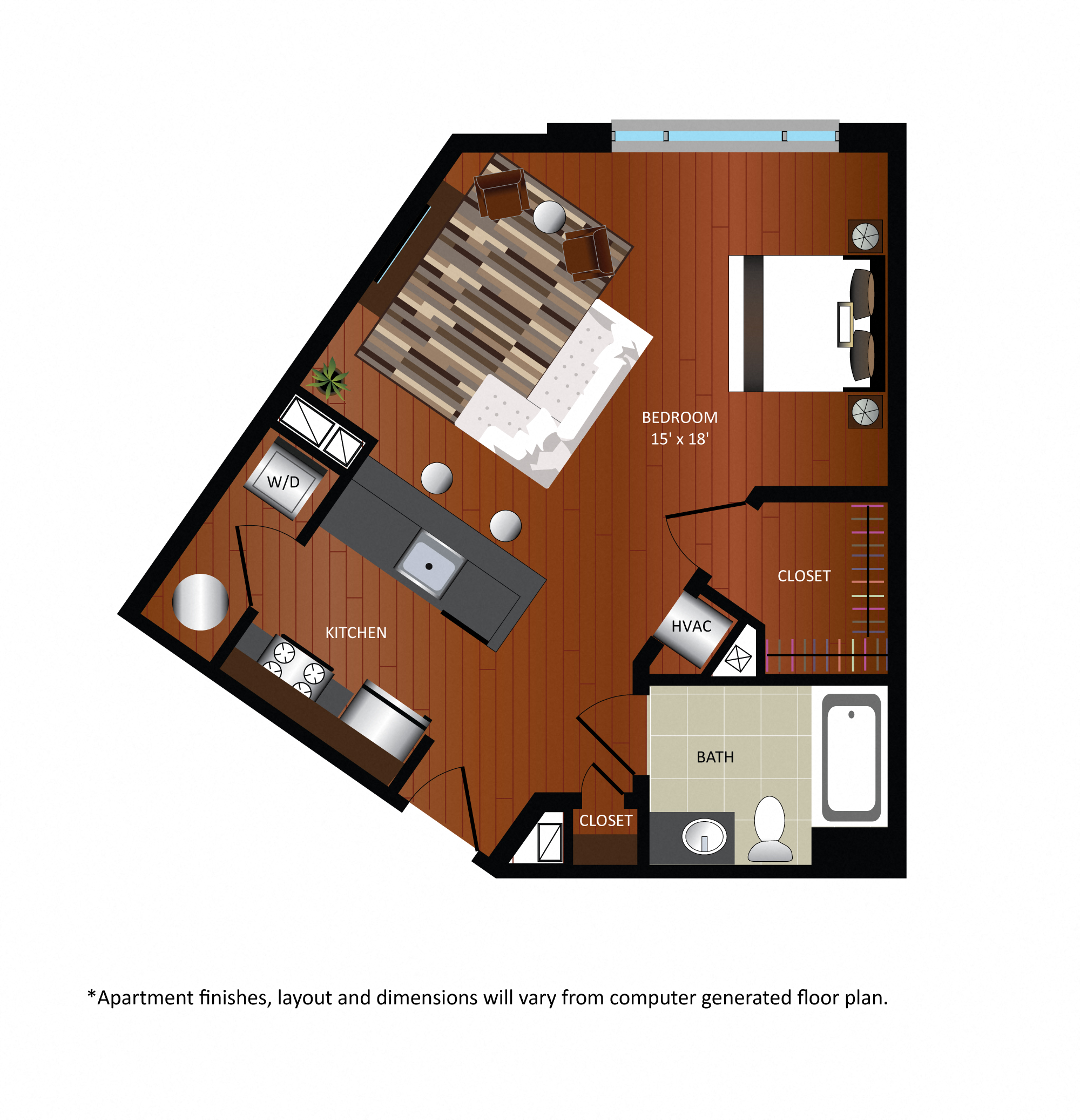 Floor plan for studio, 1 bath, 536 sqft