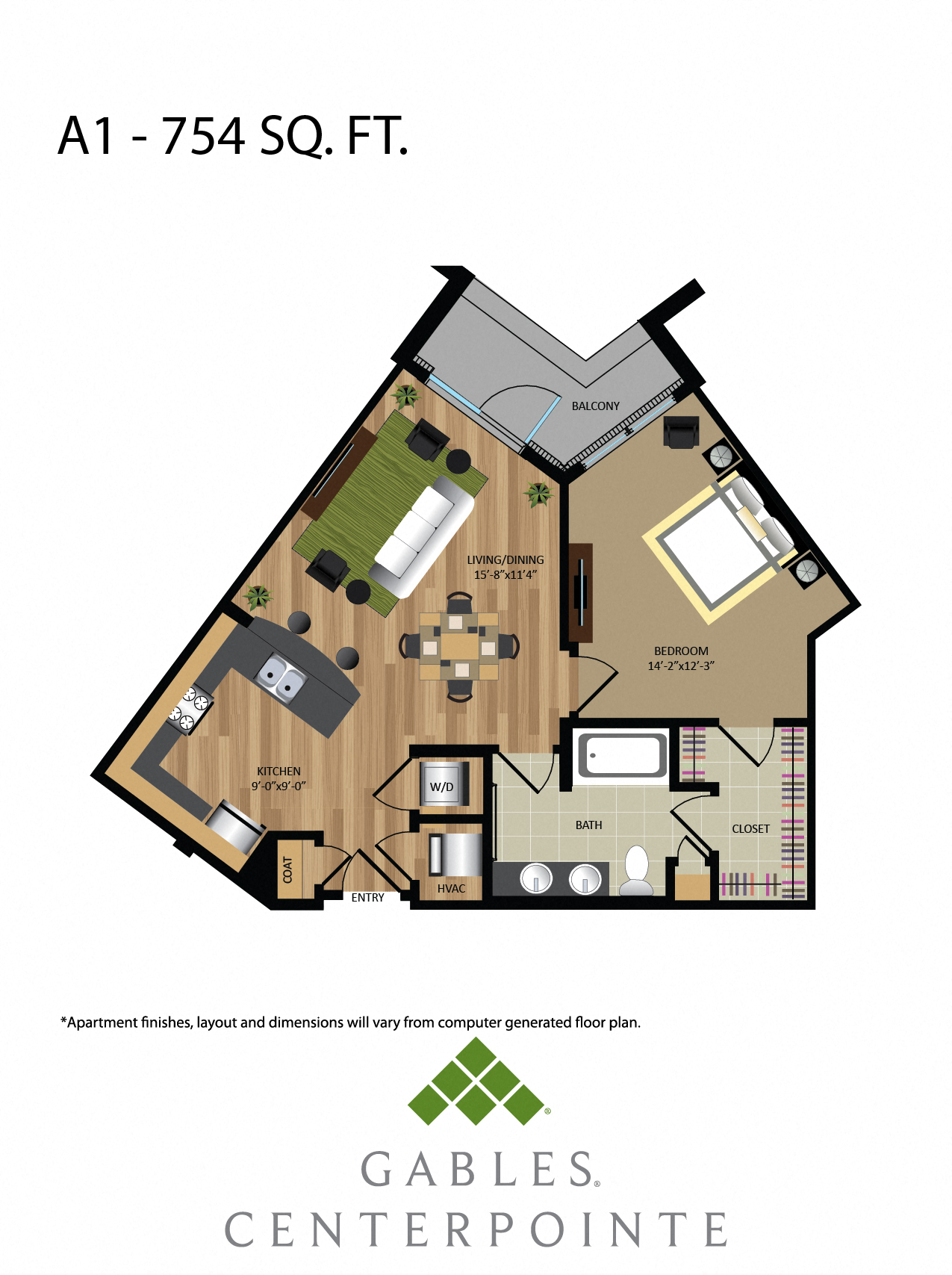 Floor plan for 1 bed, 1 bath, 754 sqft