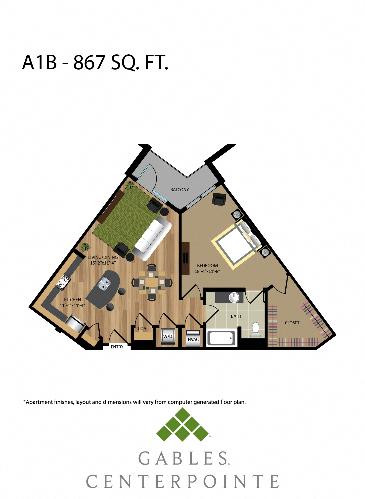 Floor plan for 1 bed, 1 bath, 867 sqft