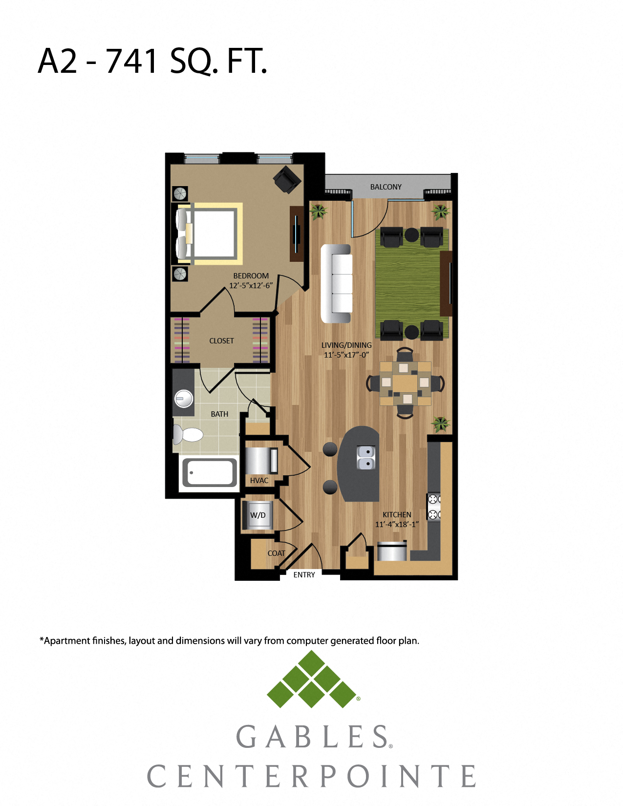 Floor plan for 1 bed, 1 bath, 741 sqft