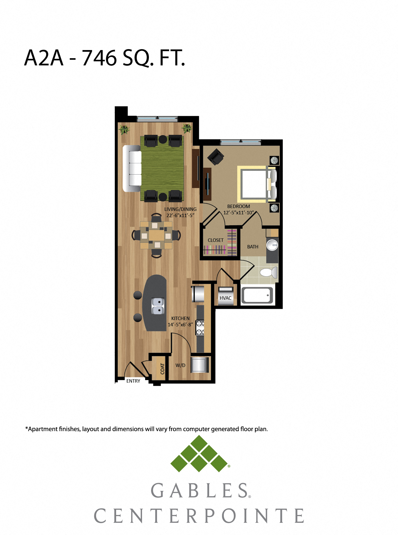 Floor plan for 1 bed, 1 bath, 746 sqft