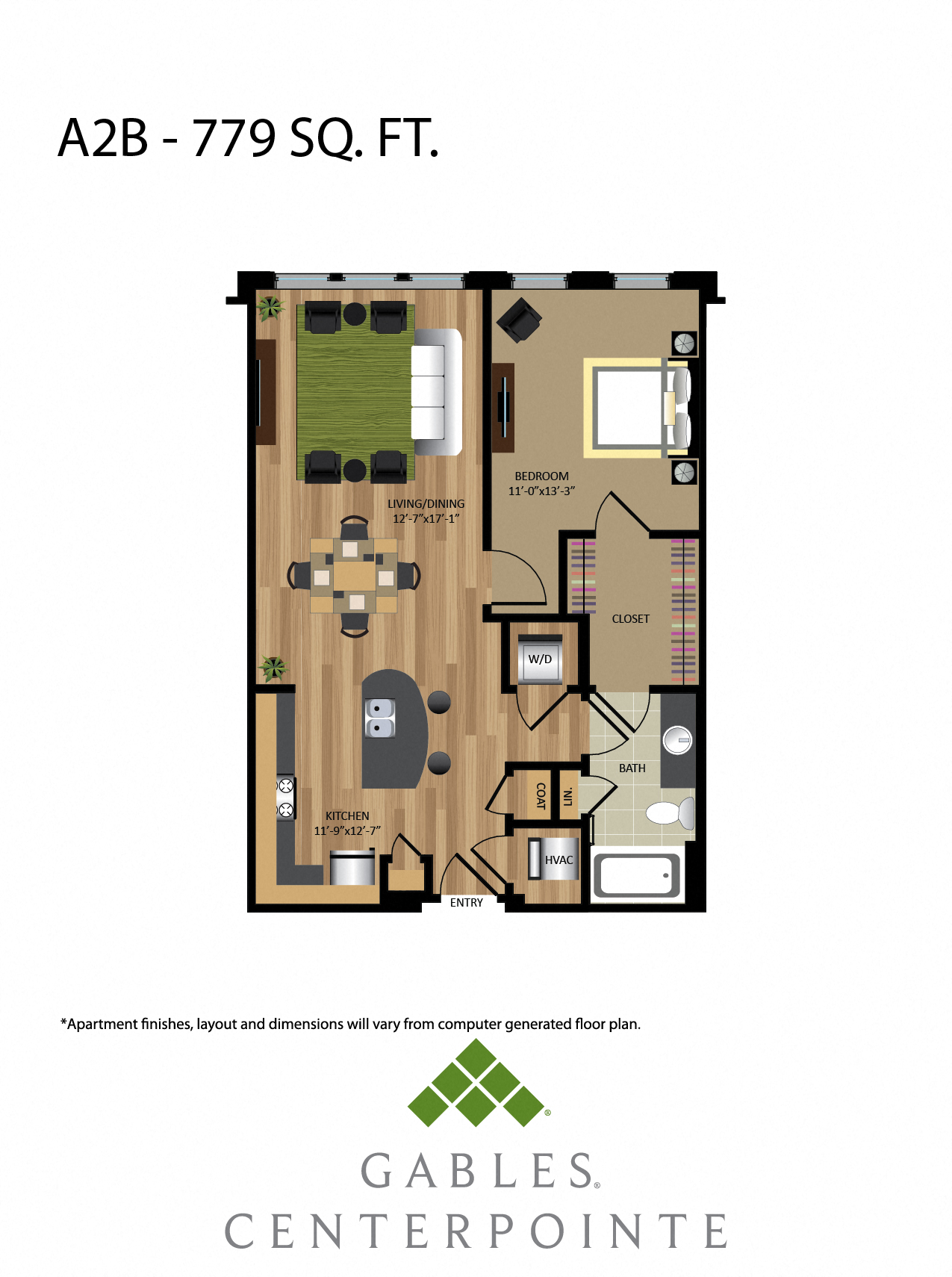 Floor plan for 1 bed, 1 bath, 779 sqft