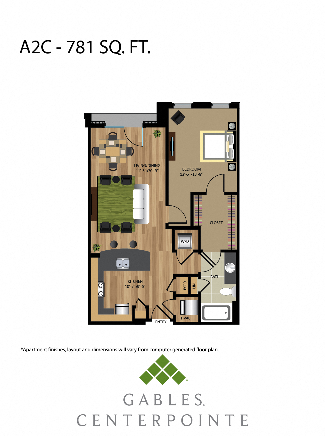 Floor plan for 1 bed, 1 bath, 781 sqft