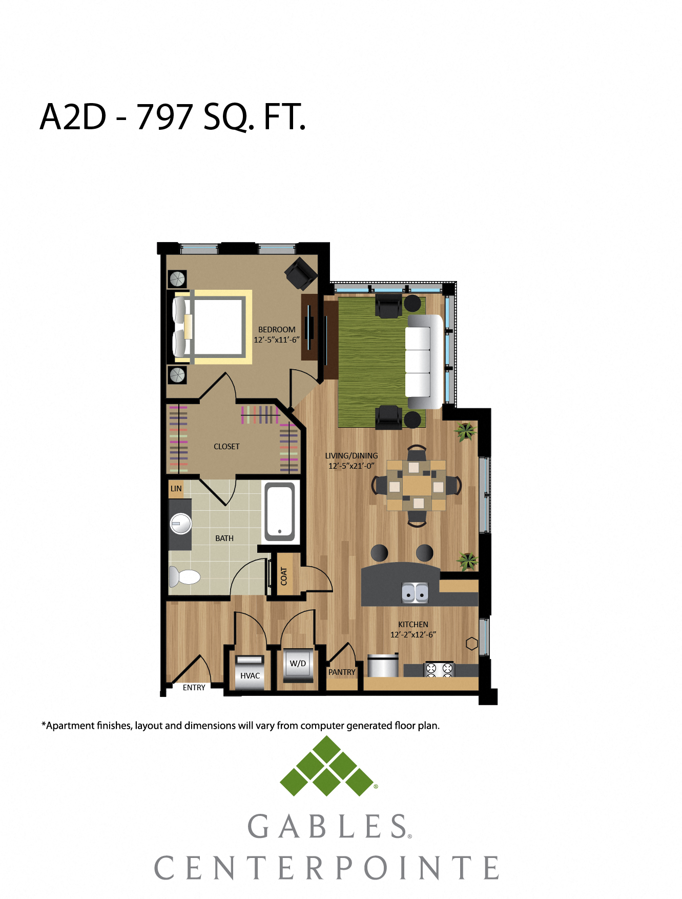 Floor plan for 1 bed, 1 bath, 797 sqft