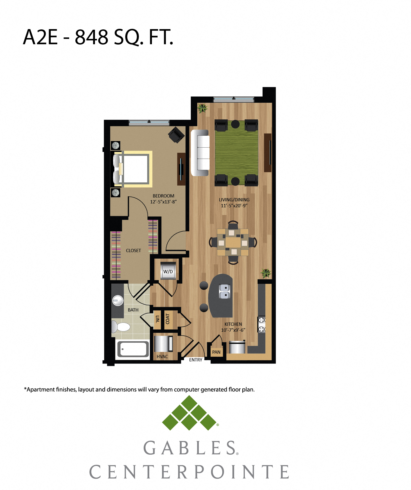 Floor plan for 1 bed, 1 bath, 848 sqft