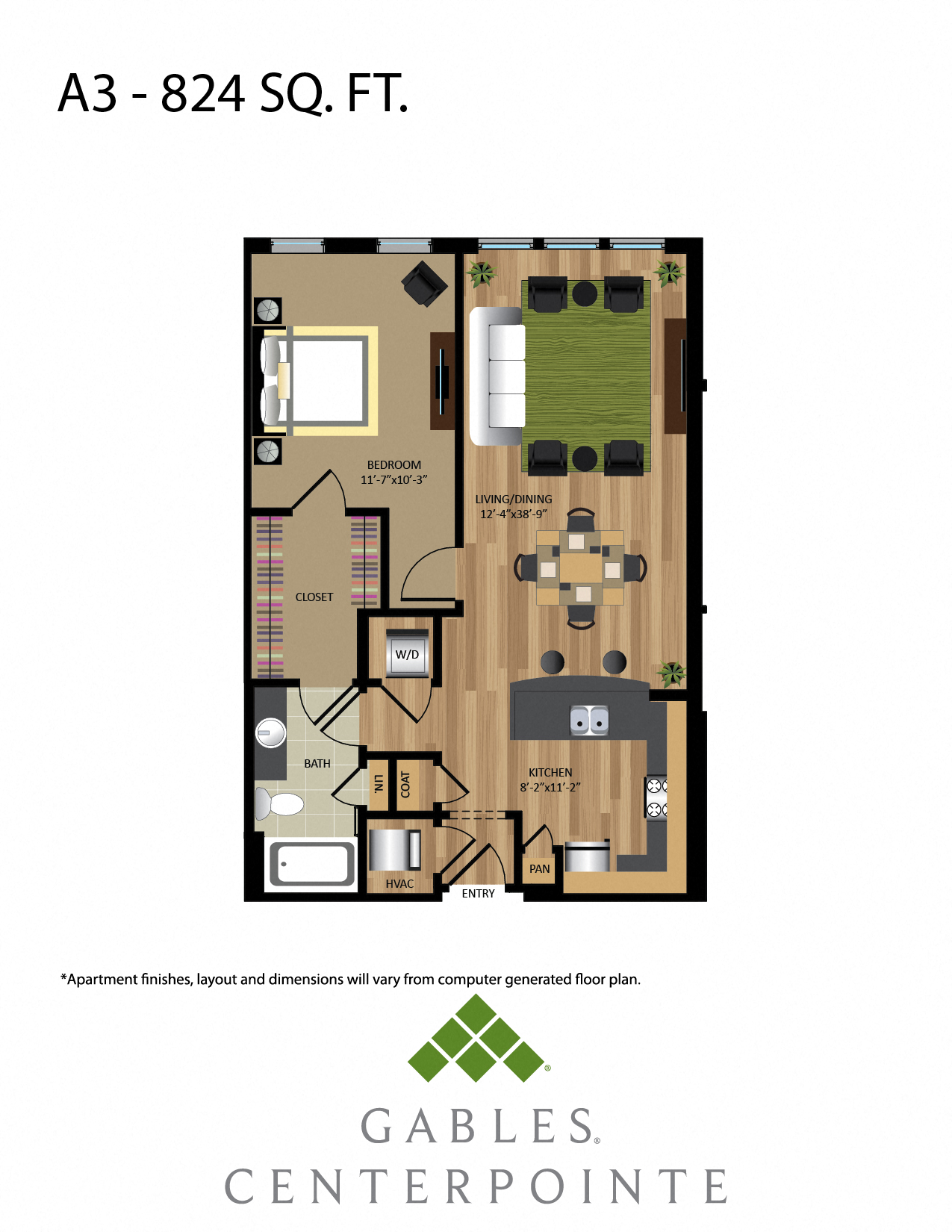 Floor plan for 1 bed, 1 bath, 824 sqft