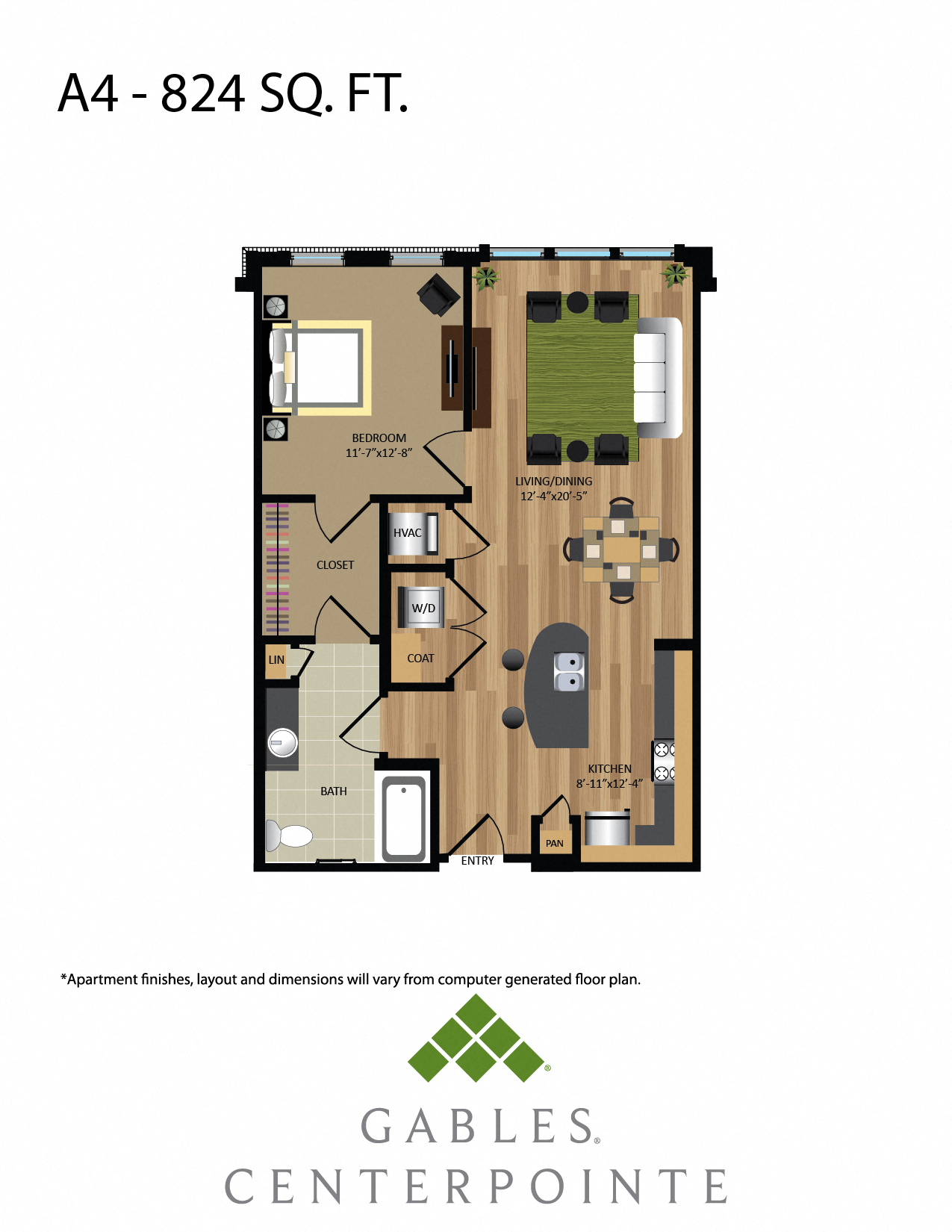 Floor plan for 1 bed, 1 bath, 824 sqft