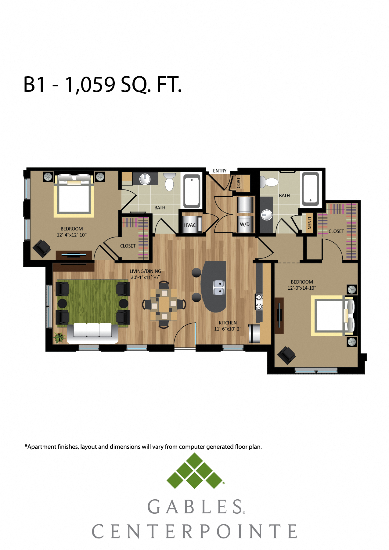 Floor plan for 2 beds, 2 baths, 1059 sqft