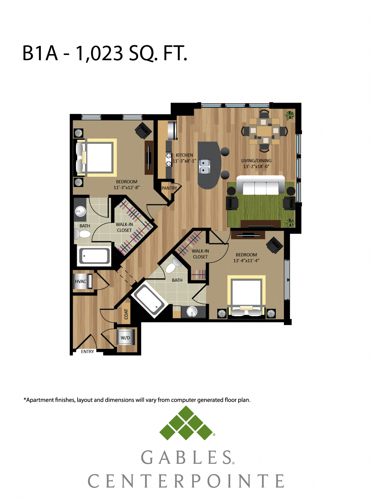Floor plan for 2 beds, 2 baths, 1023 sqft