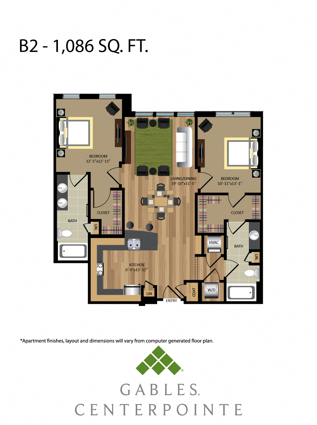 Floor plan for 2 beds, 2 baths, 1086 sqft