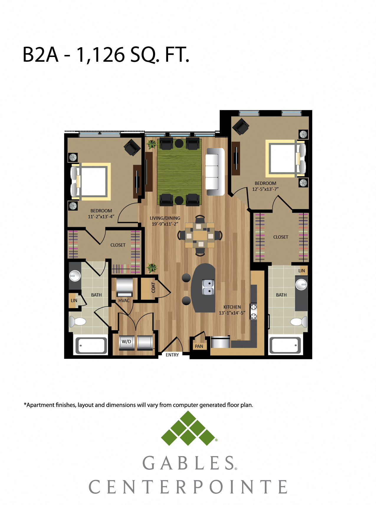 Floor plan for 2 beds, 2 baths, 1126 sqft