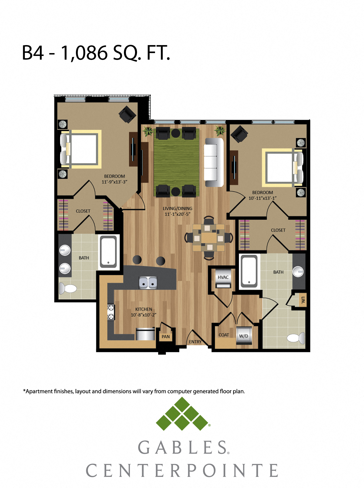 Floor plan for 2 beds, 2 baths, 1086 sqft