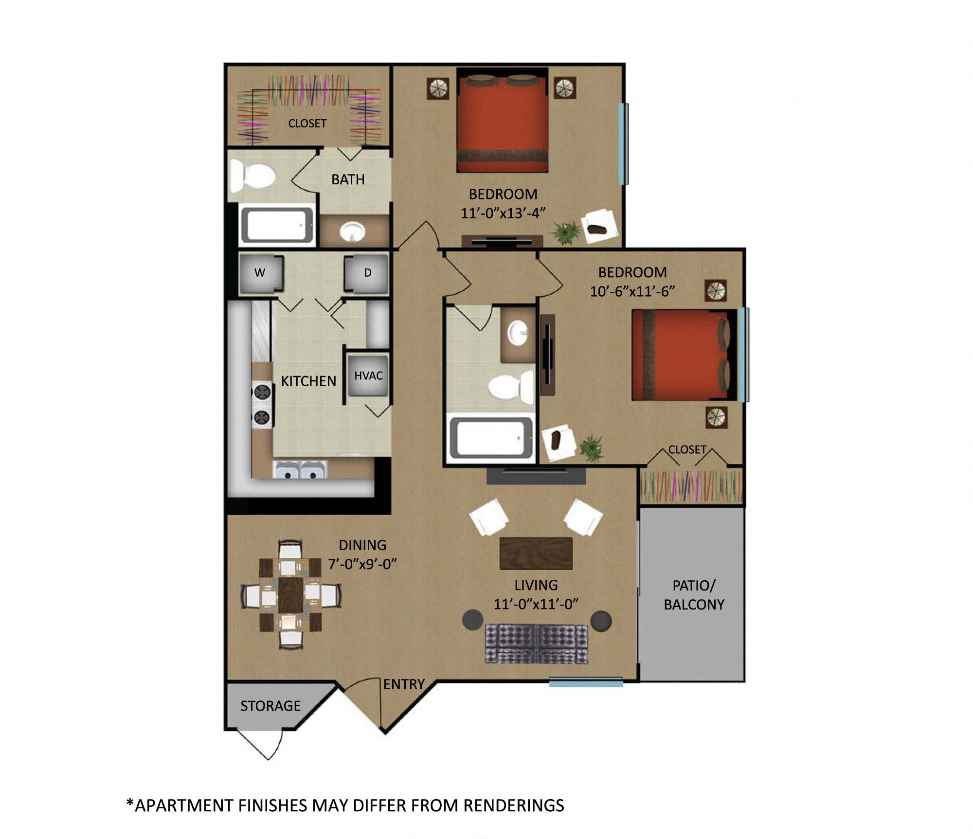 Floor plan for 2 beds, 2 baths, 1063 sqft