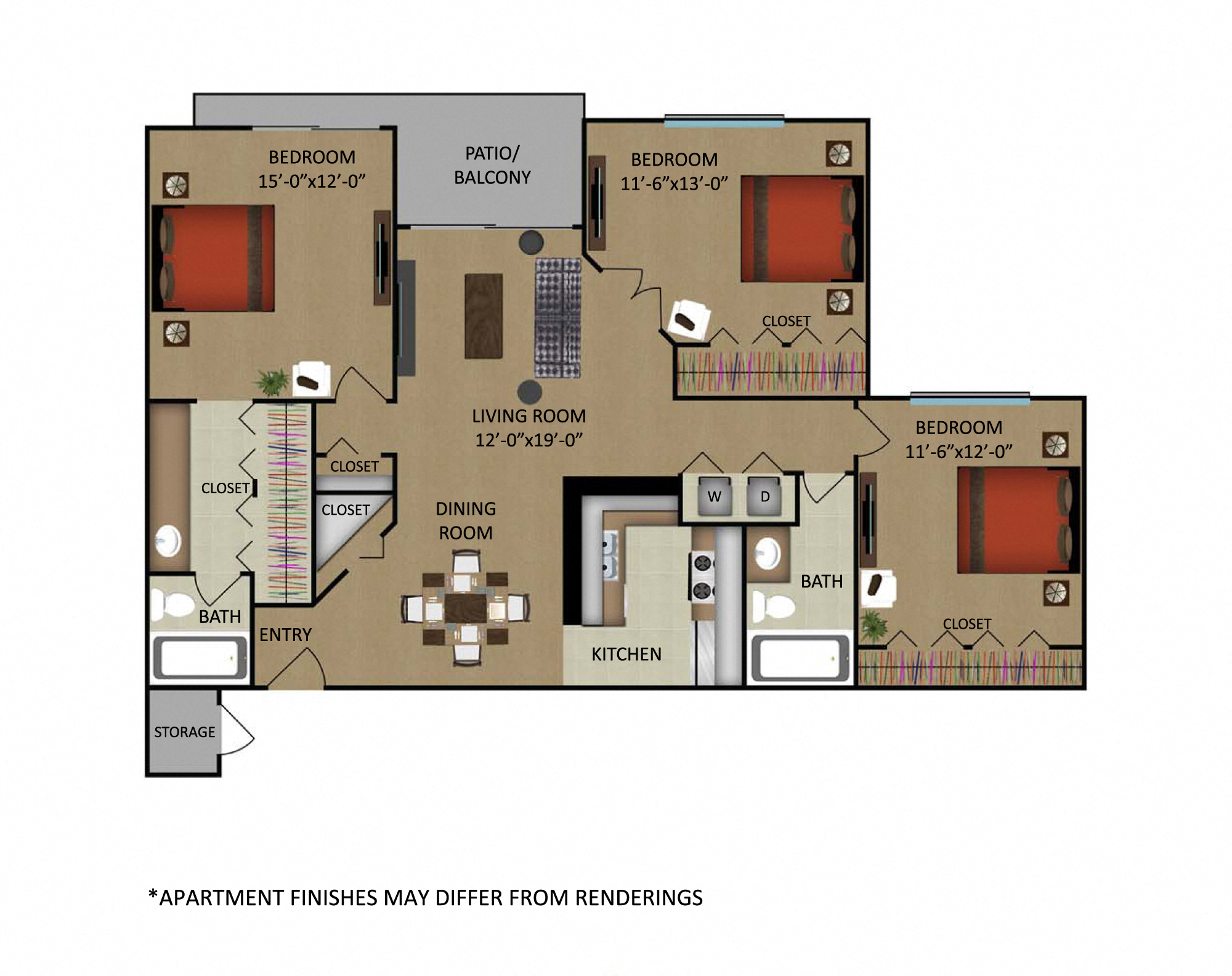 Floor plan for 3 beds, 2 baths, 1353 sqft