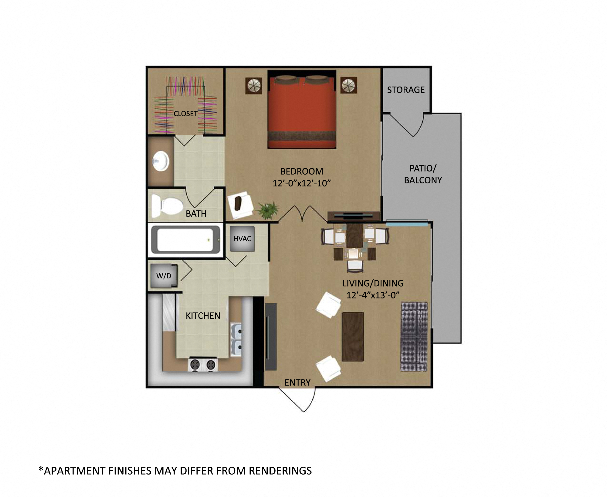 Floor plan for 1 bed, 1 bath, 617 sqft