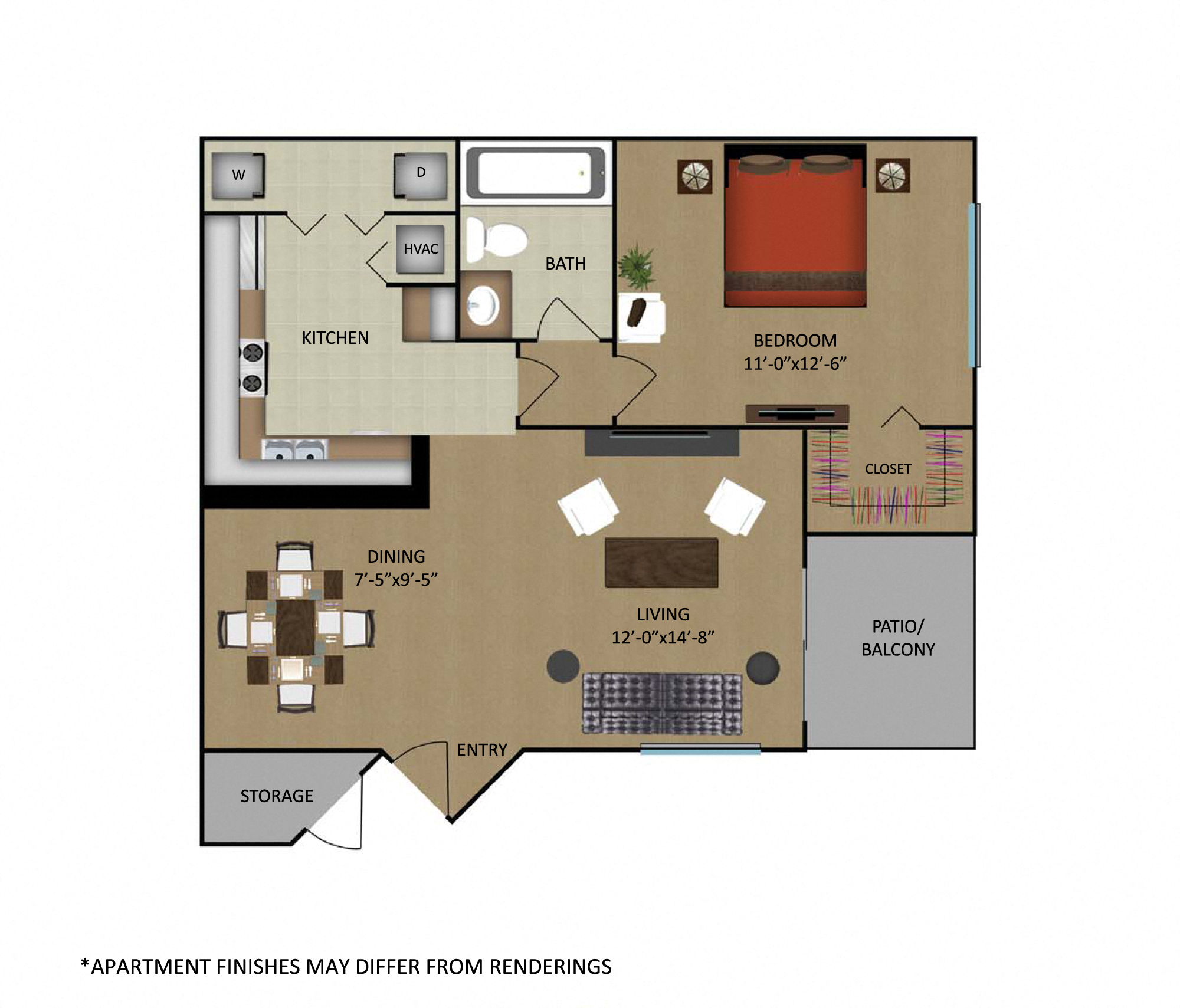Floor plan for 1 bed, 1 bath, 750 sqft
