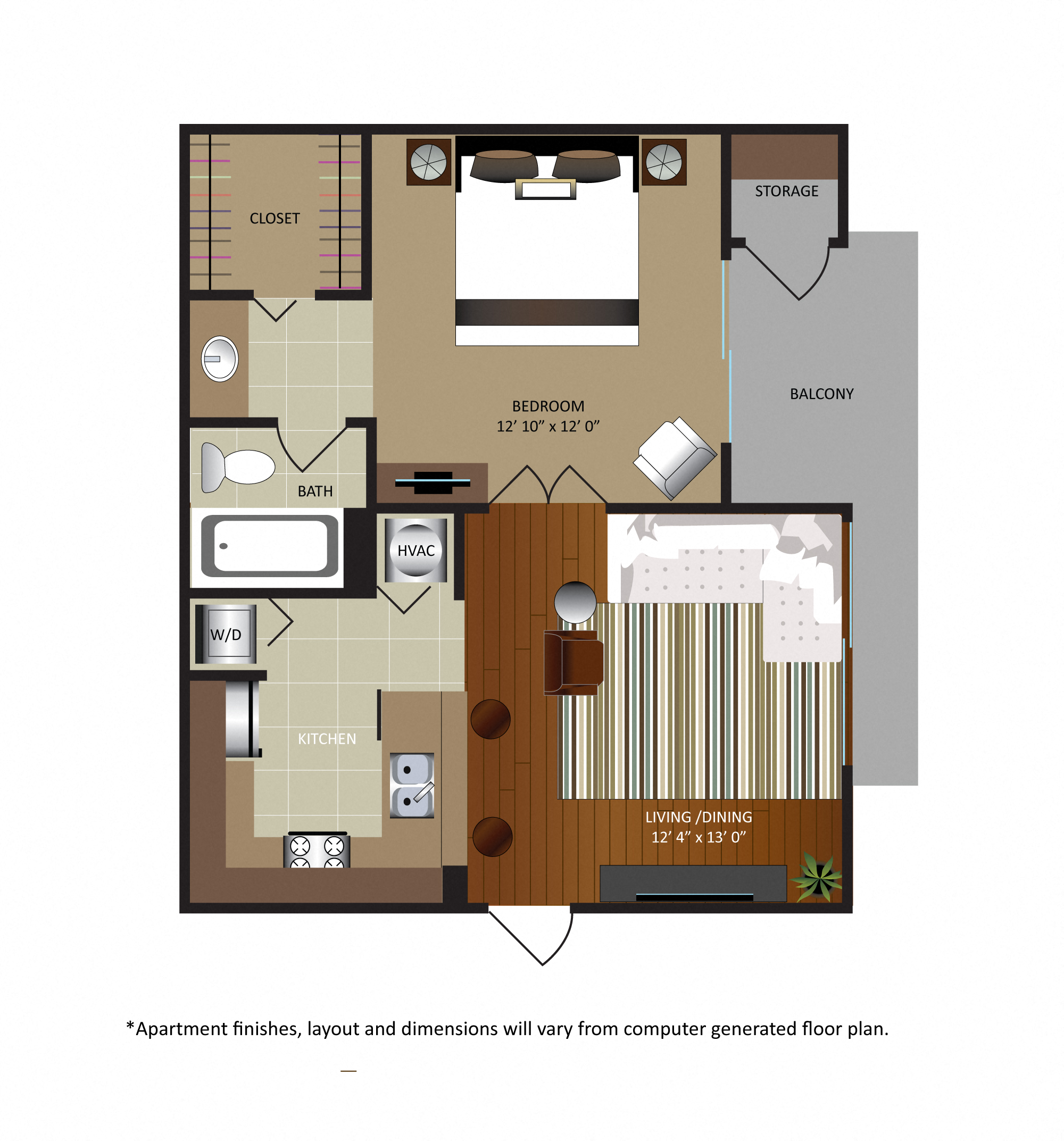 Floor plan for 1 bed, 1 bath, 617 sqft