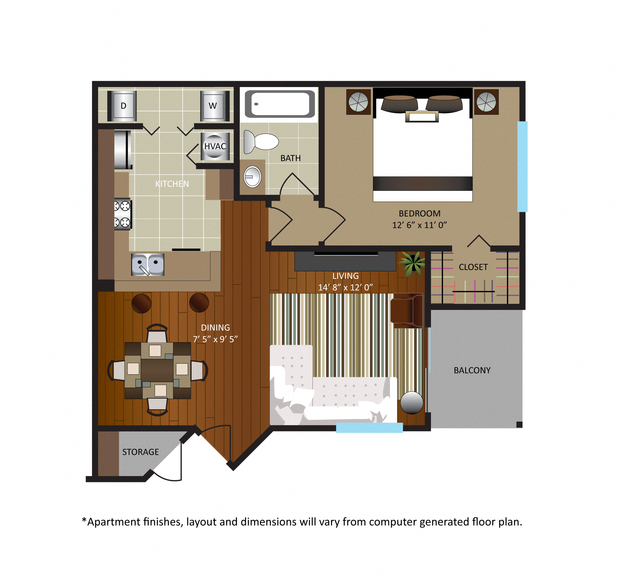 Floor plan for 1 bed, 1 bath, 763 sqft