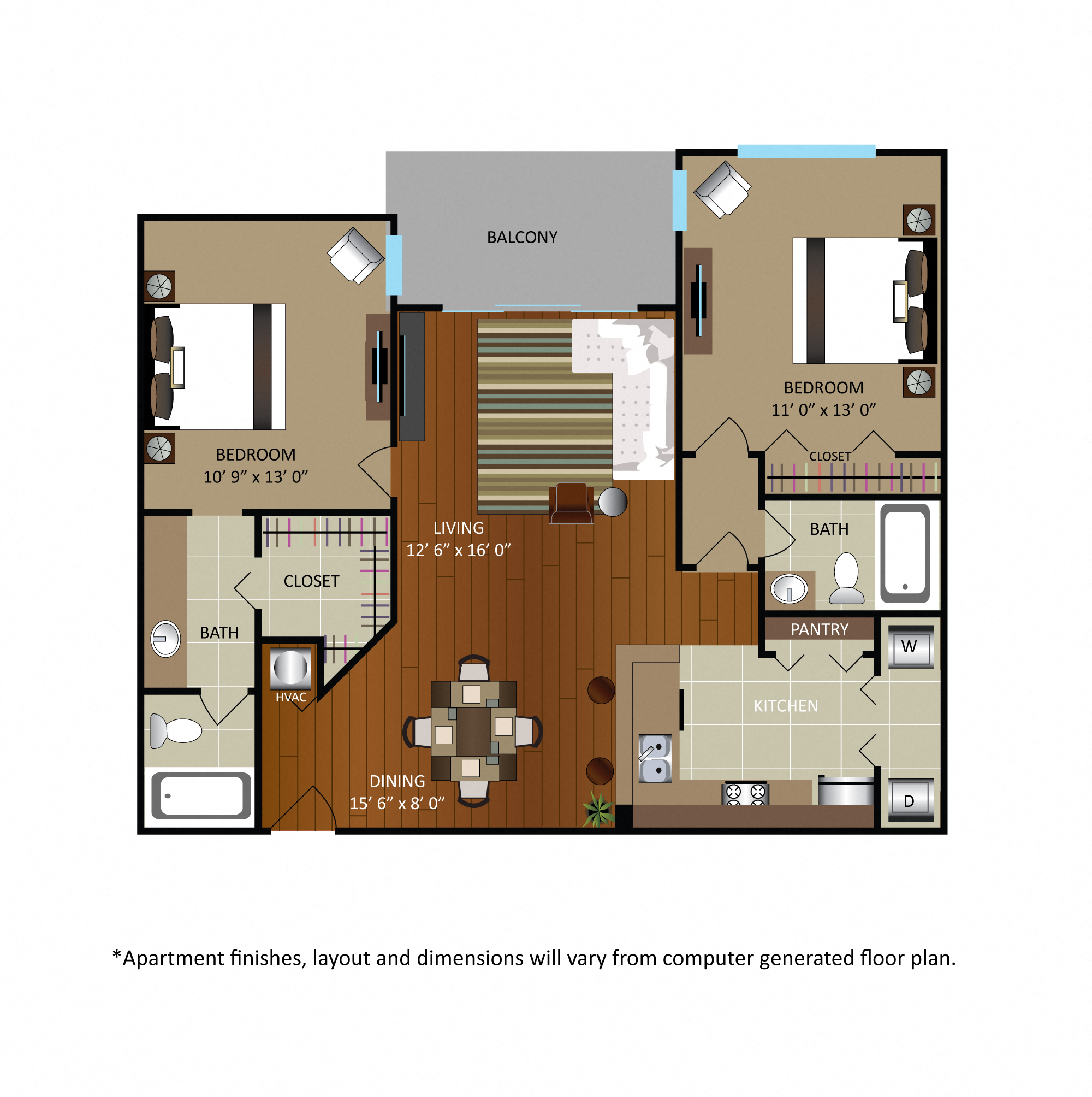 Floor plan for 2 beds, 2 baths, 1133 sqft
