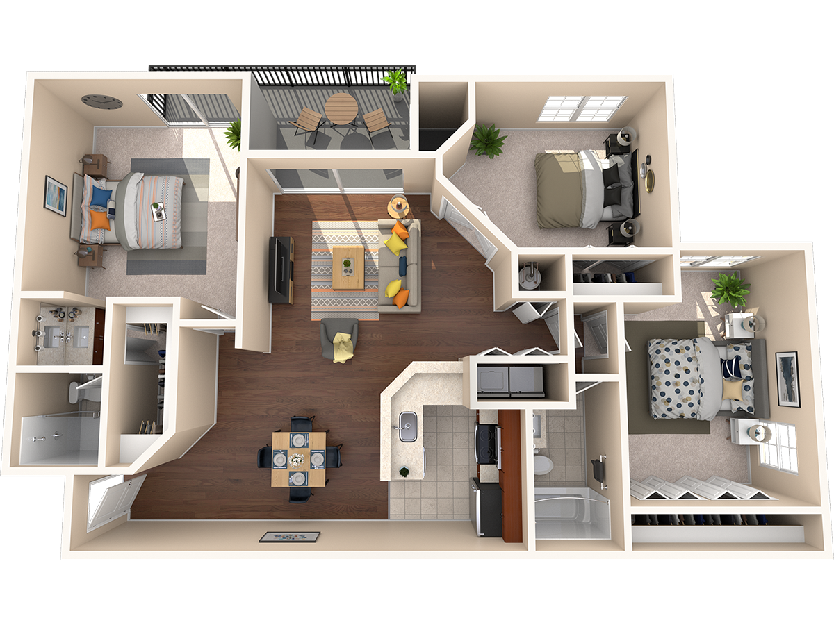 Floor plan for 3 beds, 2 baths, 1356 sqft