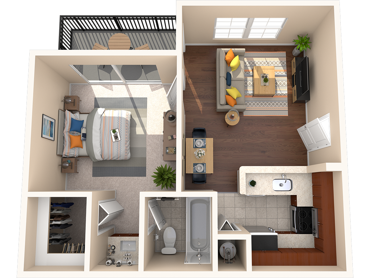 Floor plan for 1 bed, 1 bath, 617 sqft