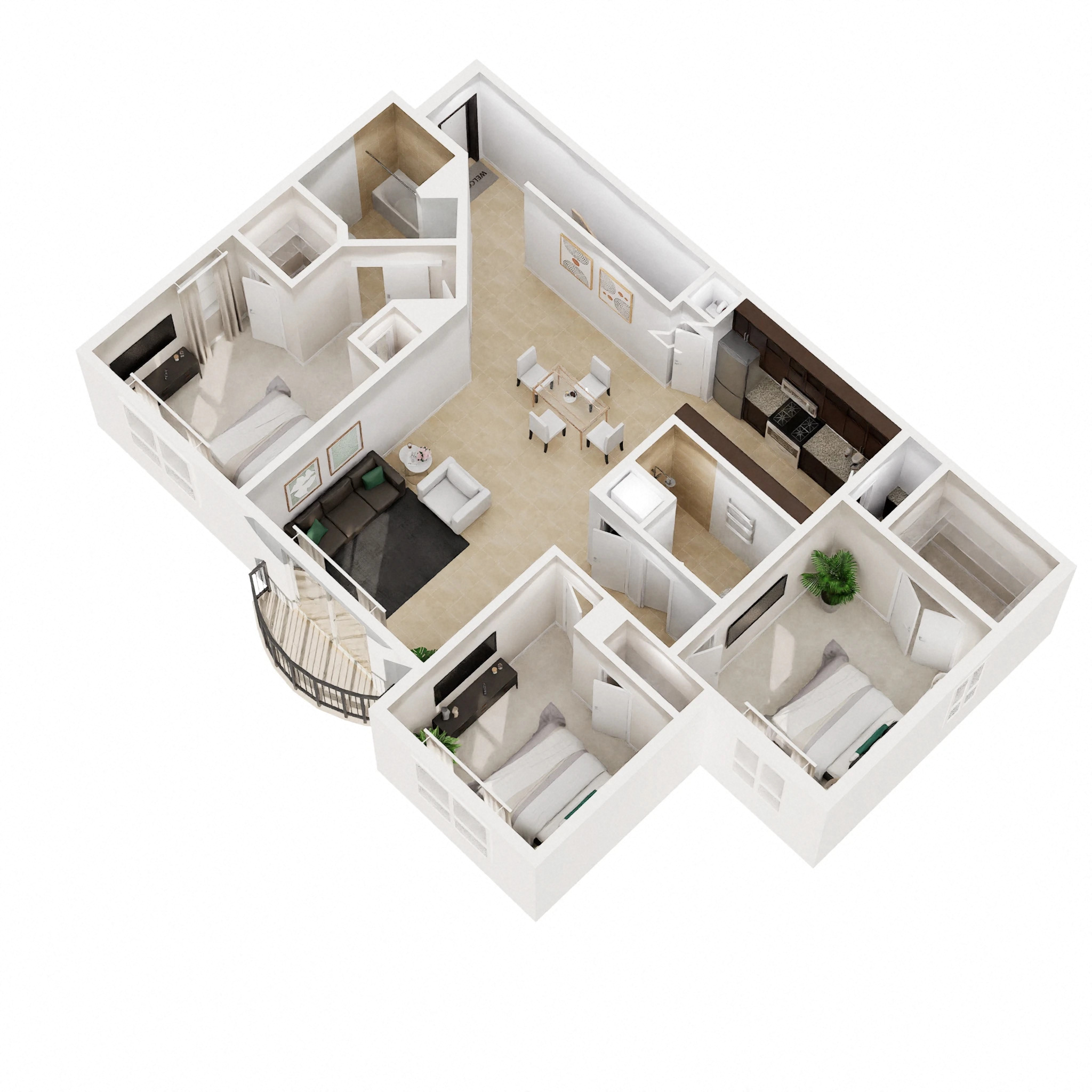 Floor plan for 3 beds, 2 baths, 1279 sqft