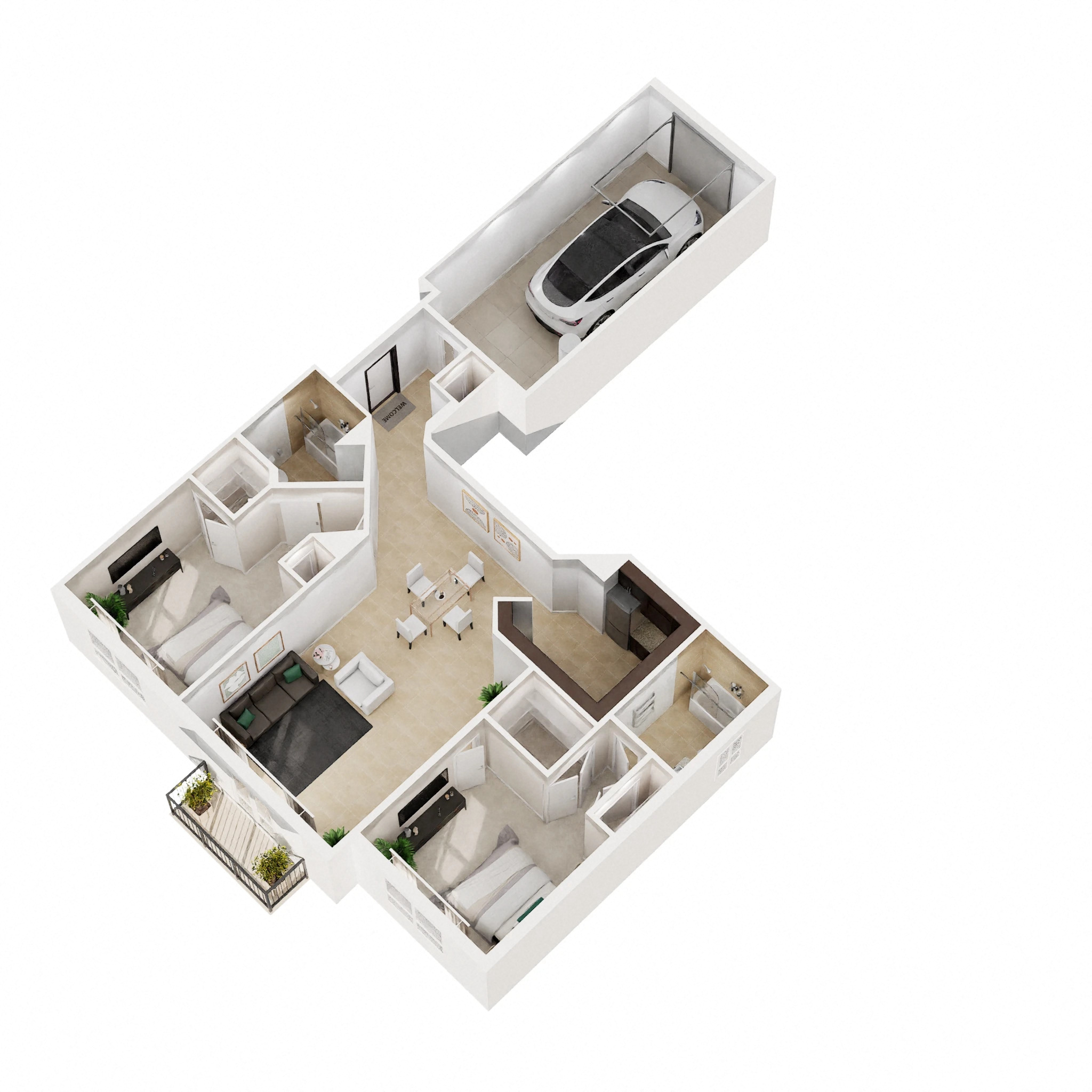 Floor plan for 2 beds, 2 baths, 1161 sqft
