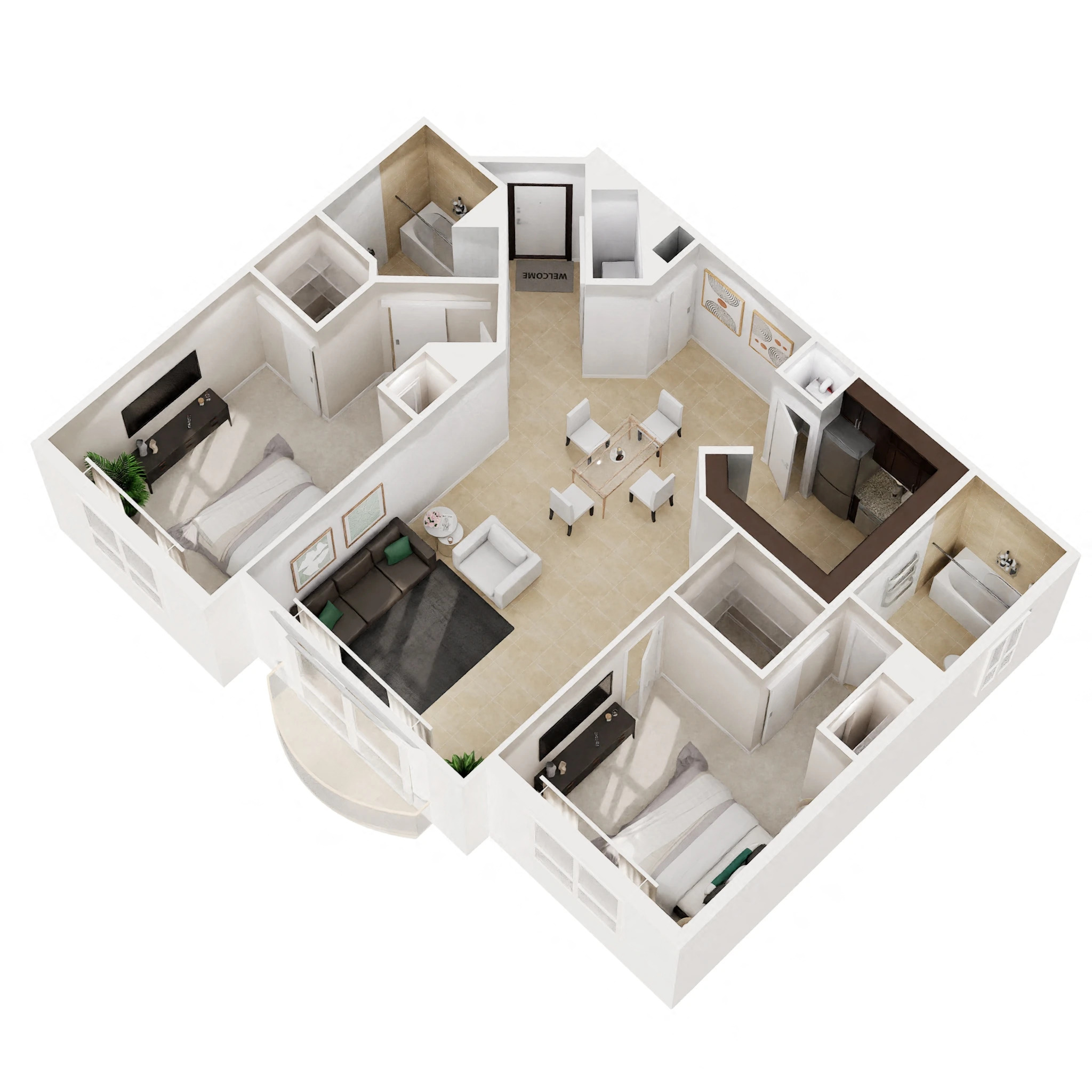 Floor plan for 2 beds, 2 baths, 1184 sqft