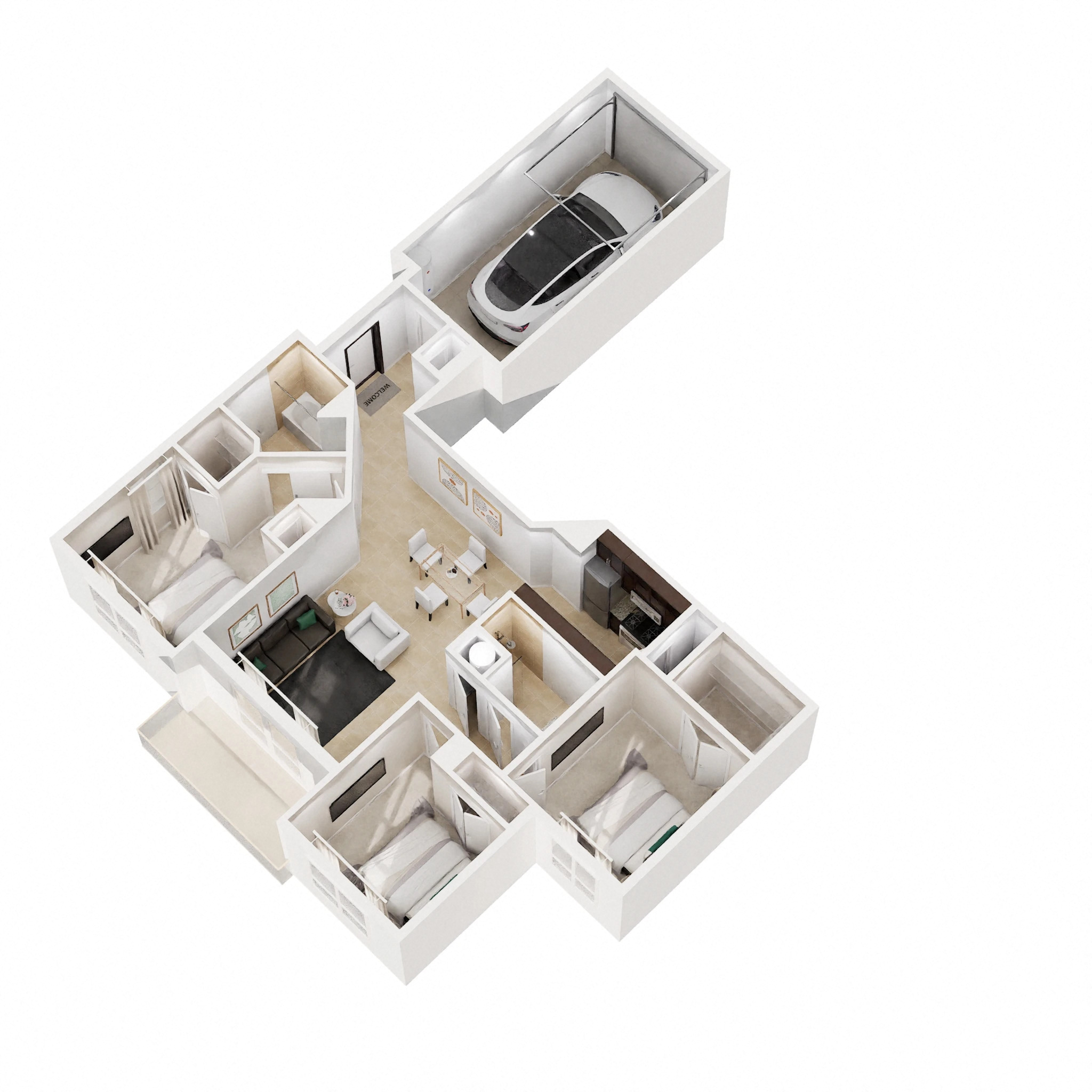 Floor plan for 3 beds, 2 baths, 1253 sqft