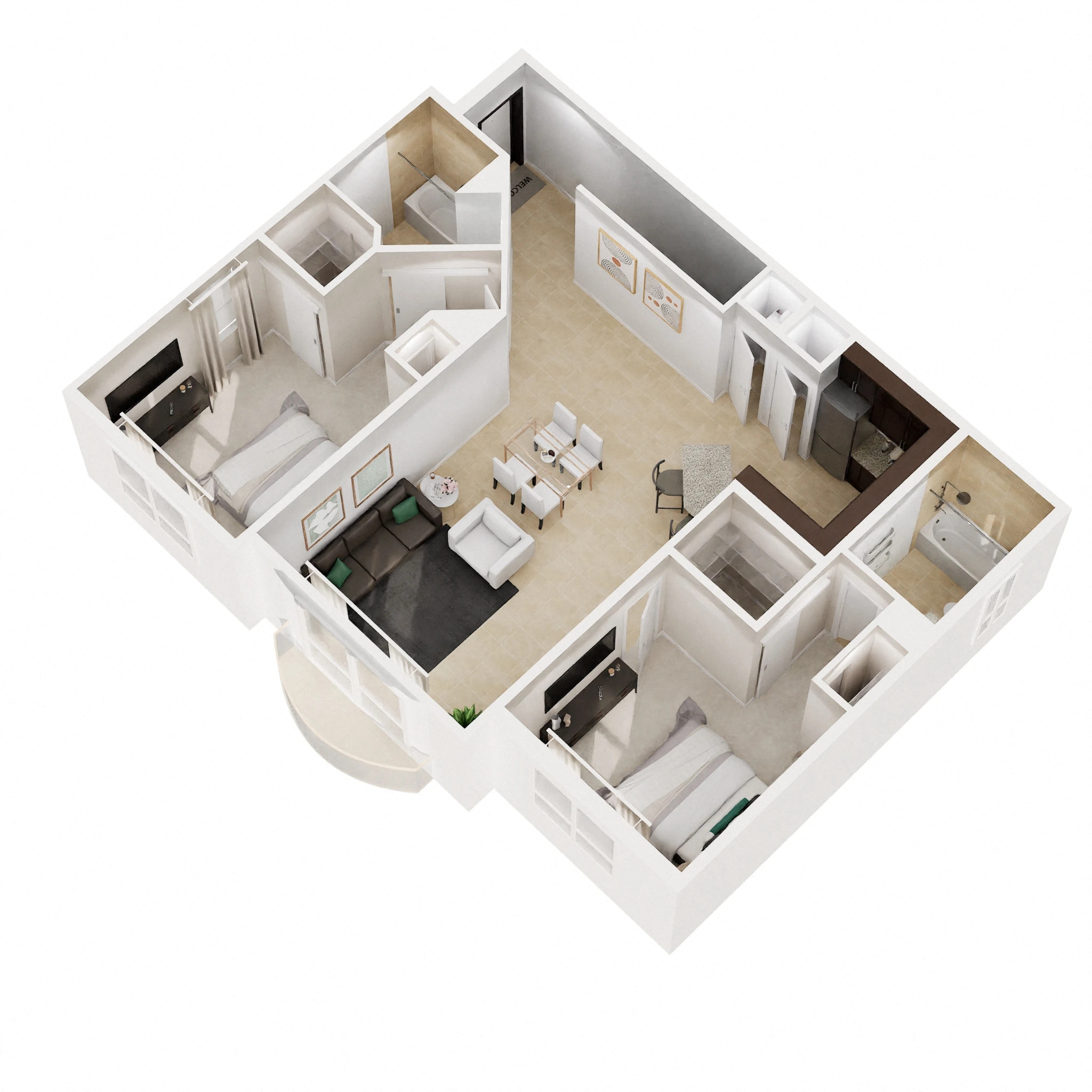 Floor plan for 2 beds, 2 baths, 1197 sqft