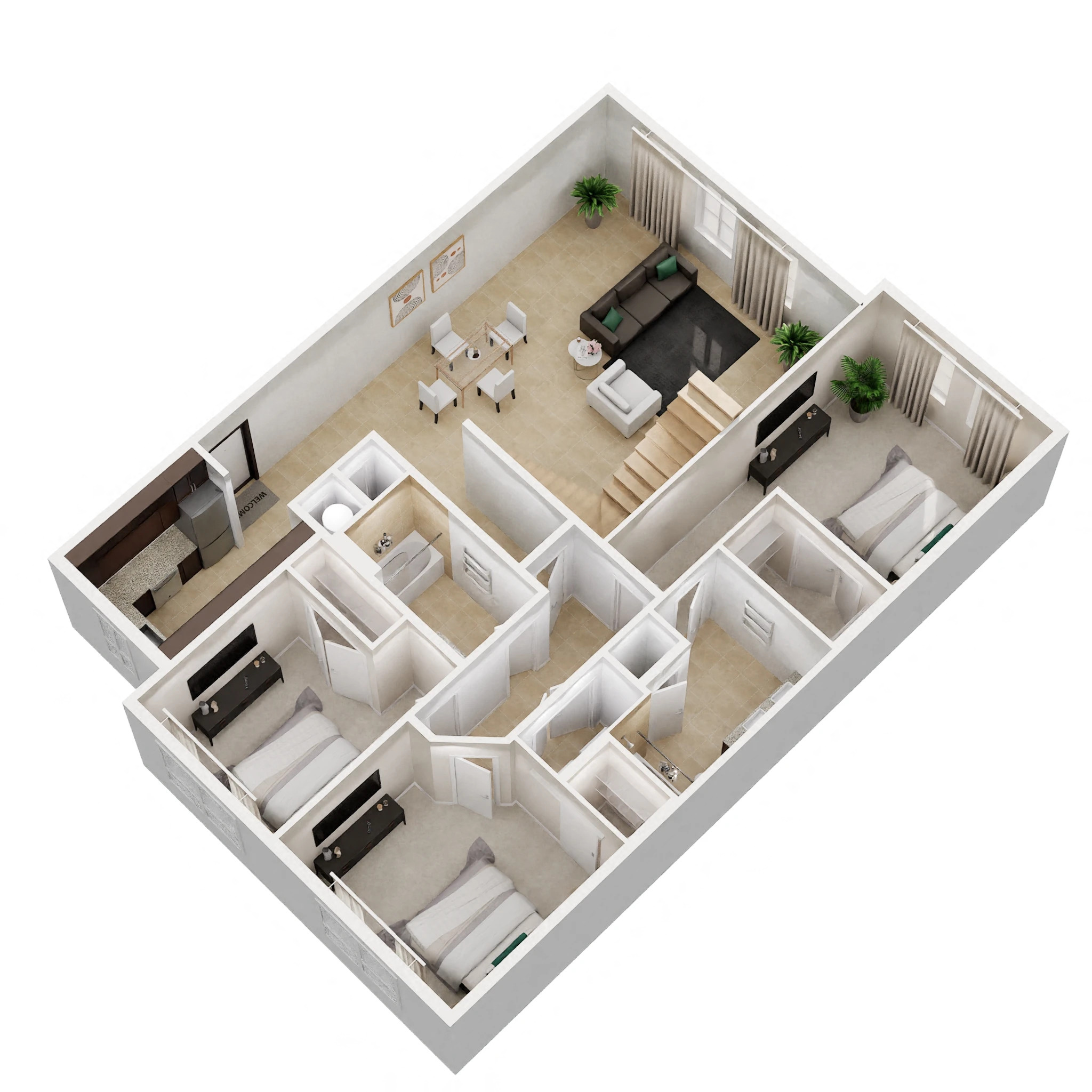 Floor plan for 3 beds, 2 baths, 1331 sqft