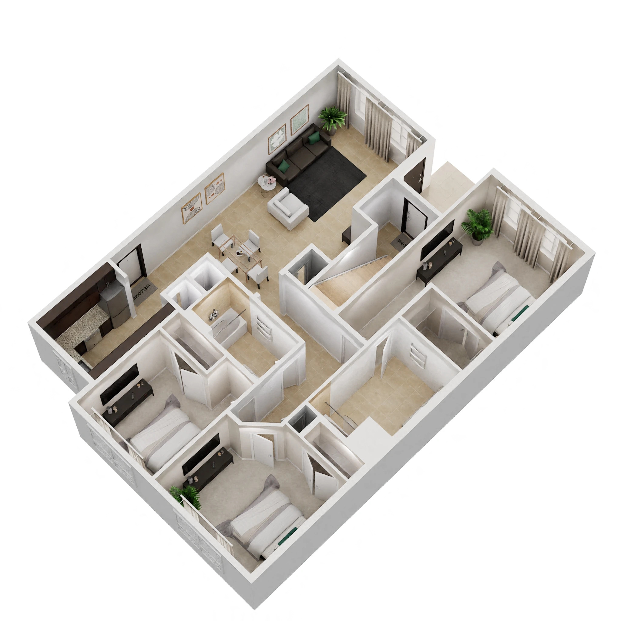 Floor plan for 3 beds, 2 baths, 1361 sqft