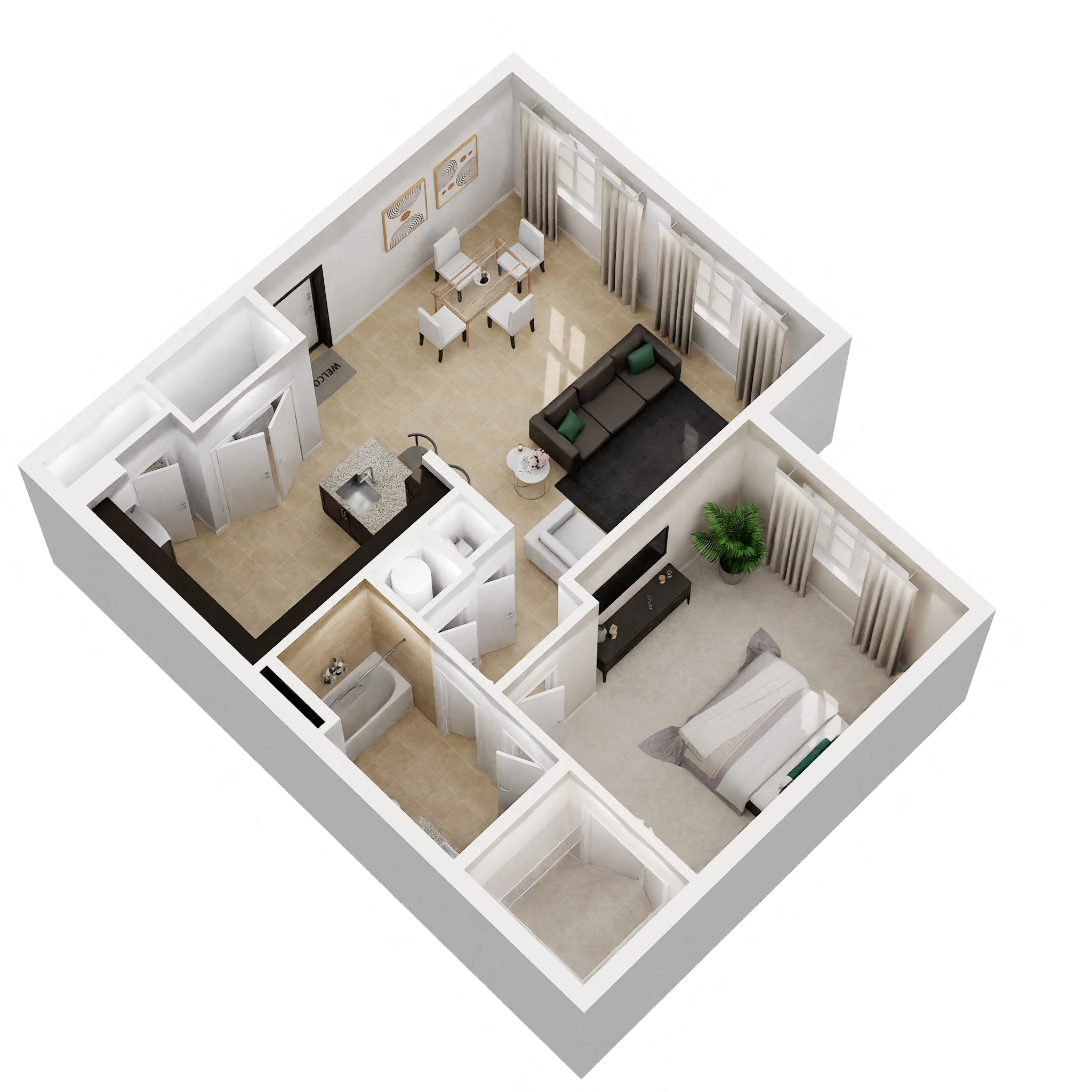 Floor plan for 1 bed, 1 bath, 850 sqft