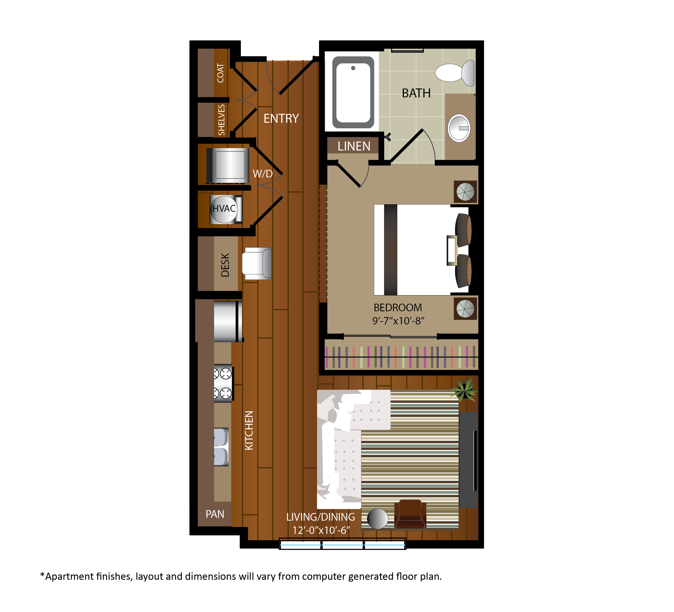 Floor plan for 1 bed, 1 bath, 595 sqft