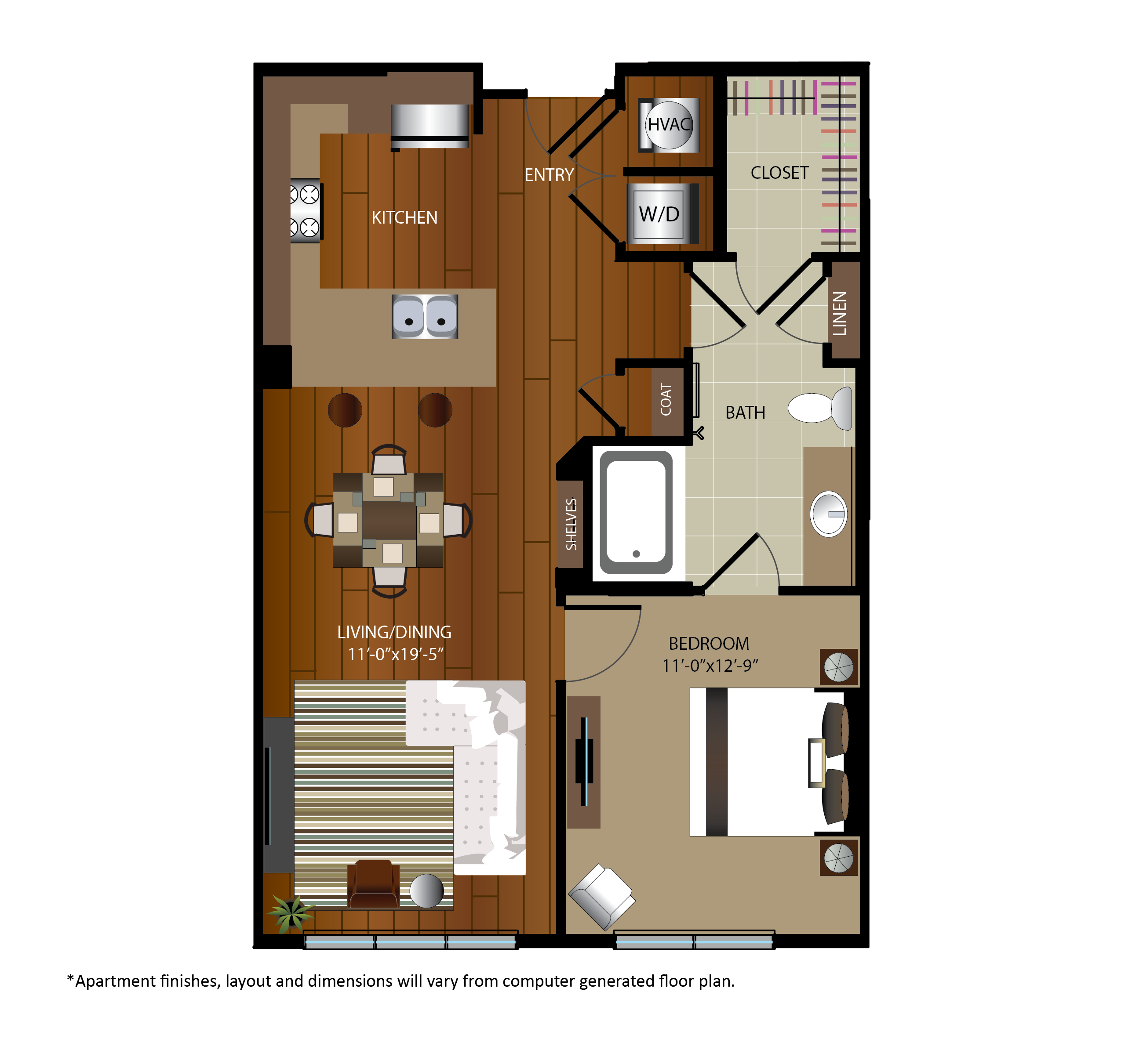 Floor plan for 1 bed, 1 bath, 739 sqft