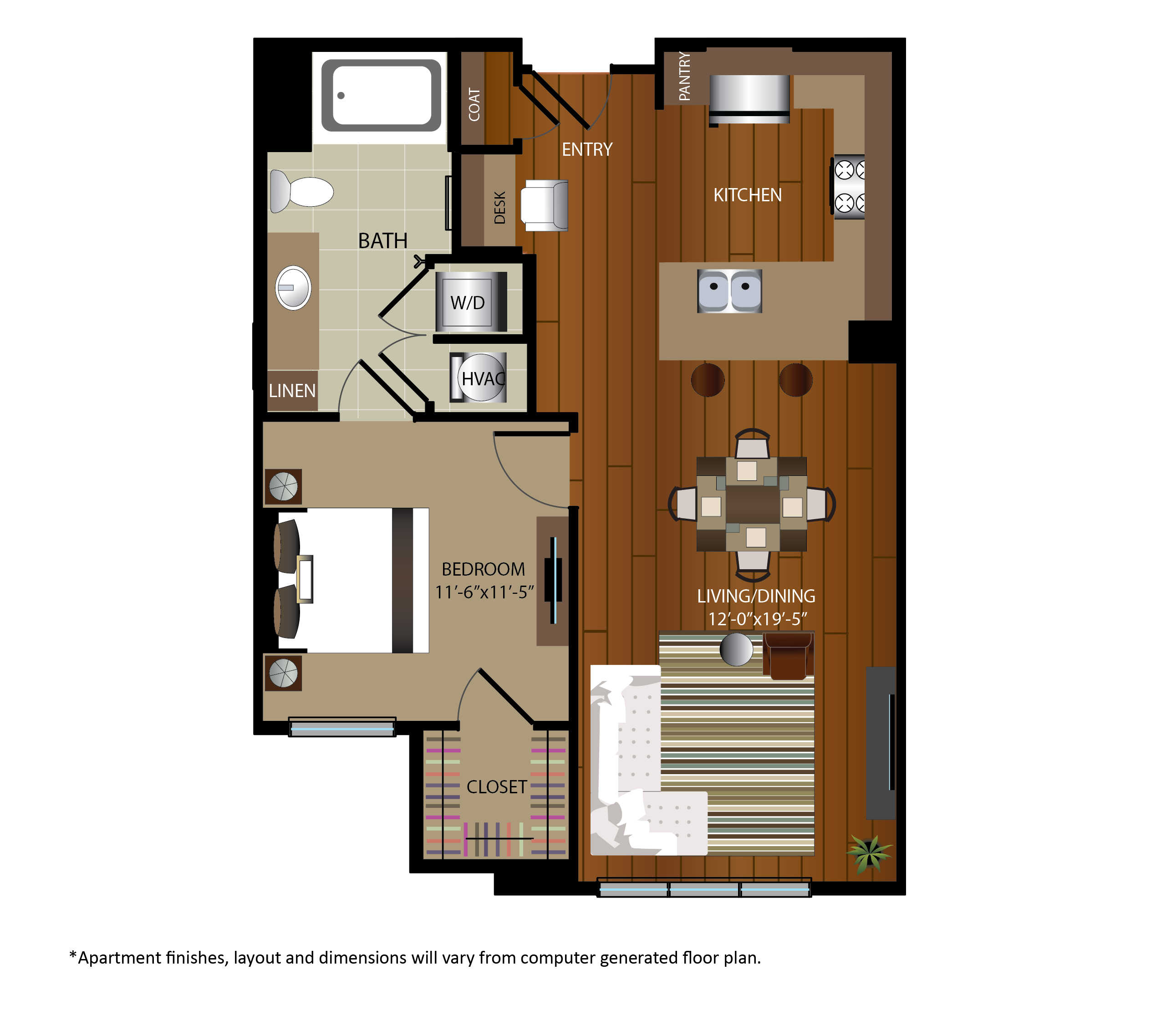 Floor plan for 1 bed, 1 bath, 746 sqft